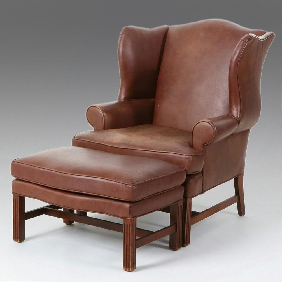Fairfield Chippendale Style Leather Wingback Chair and Ottoman