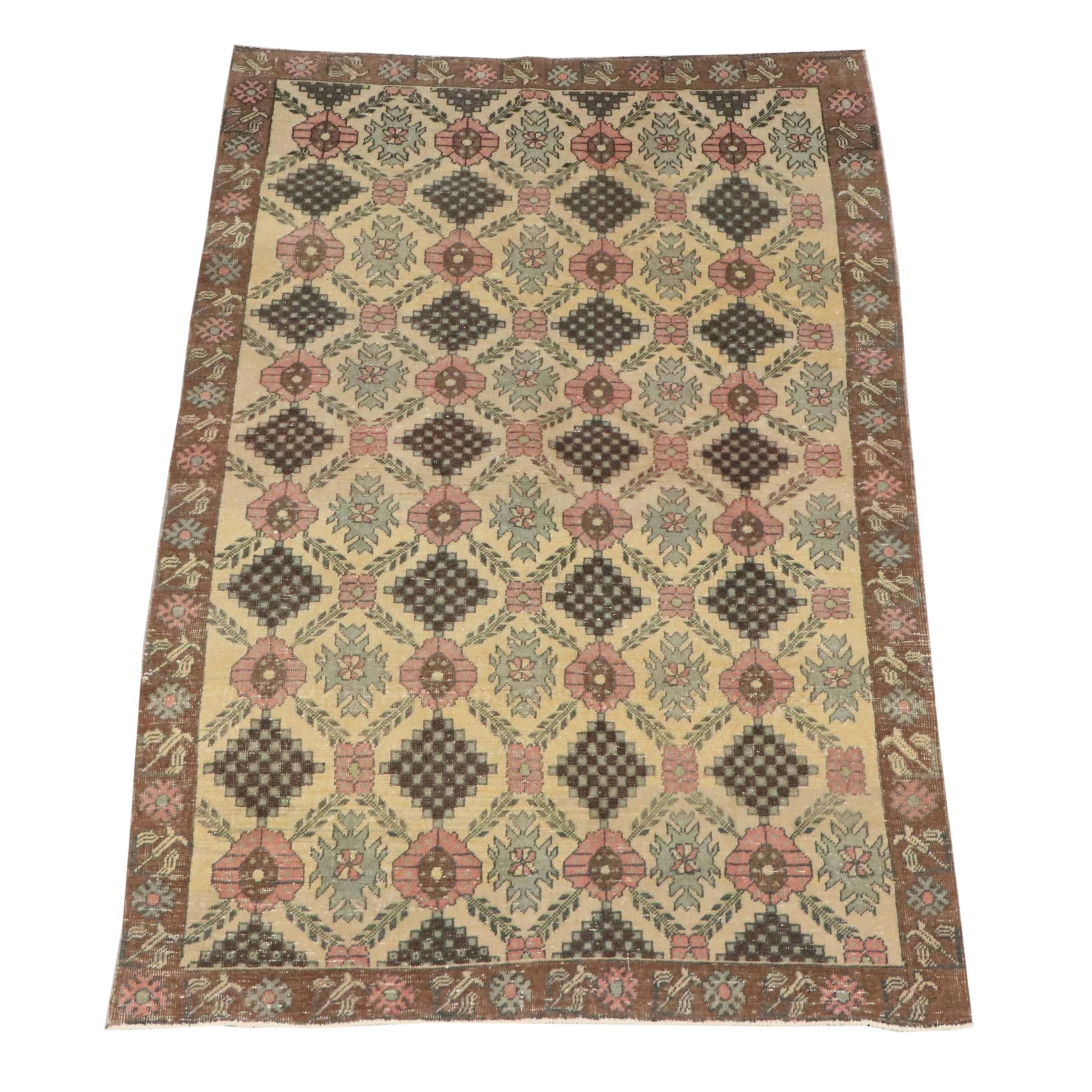 4'4 x 6'4 Hand-Knotted Turkish Anatolian Floral Lattice Area Rug