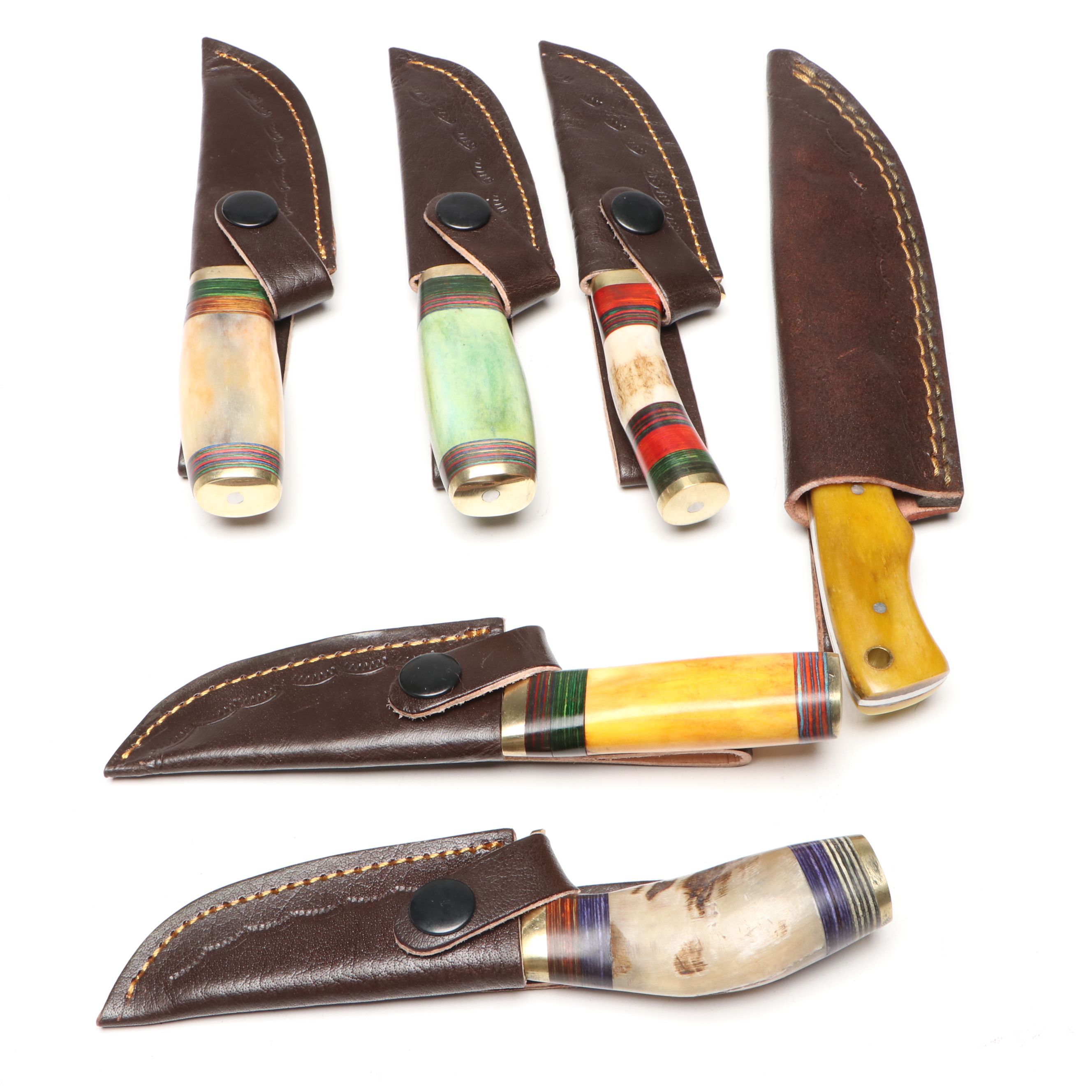 Damascus Steel with Antler and Bone Handled Skinner Knives in Leather Scabbards