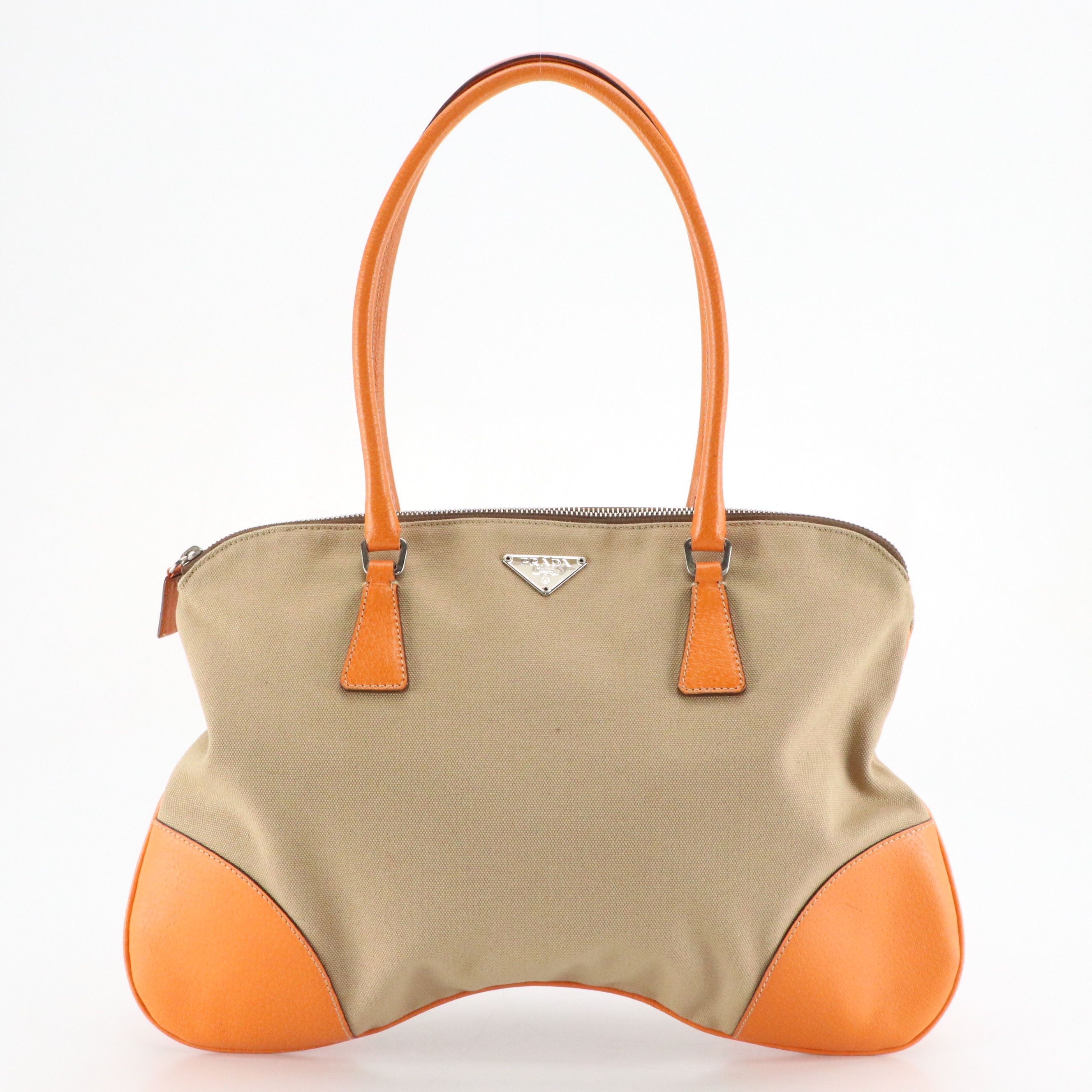 Prada Bauletto Shoulder Bag in Beige Canvas and Orange Leather Trim