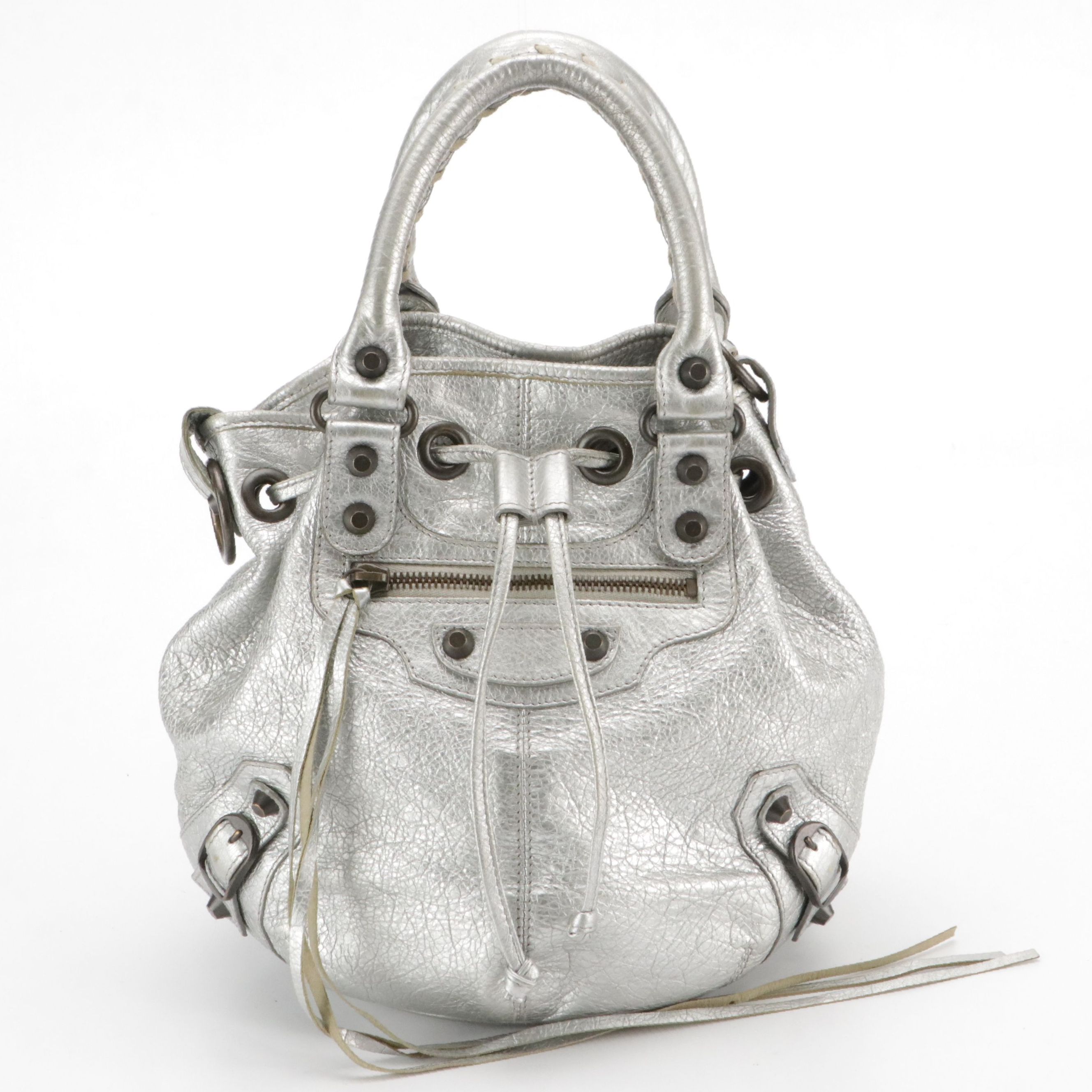 Balenciaga Pompon Mini Bucket Two-Way Bag in Metallic Silver Lambskin Leather