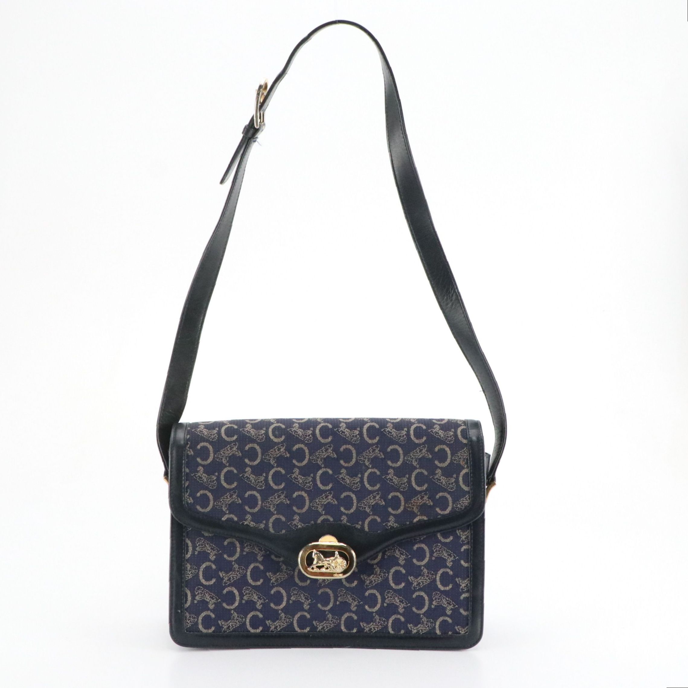 Céline Front Flap Carriage Lock Shoulder Bag in Blue C Sulky Canvas and Leather