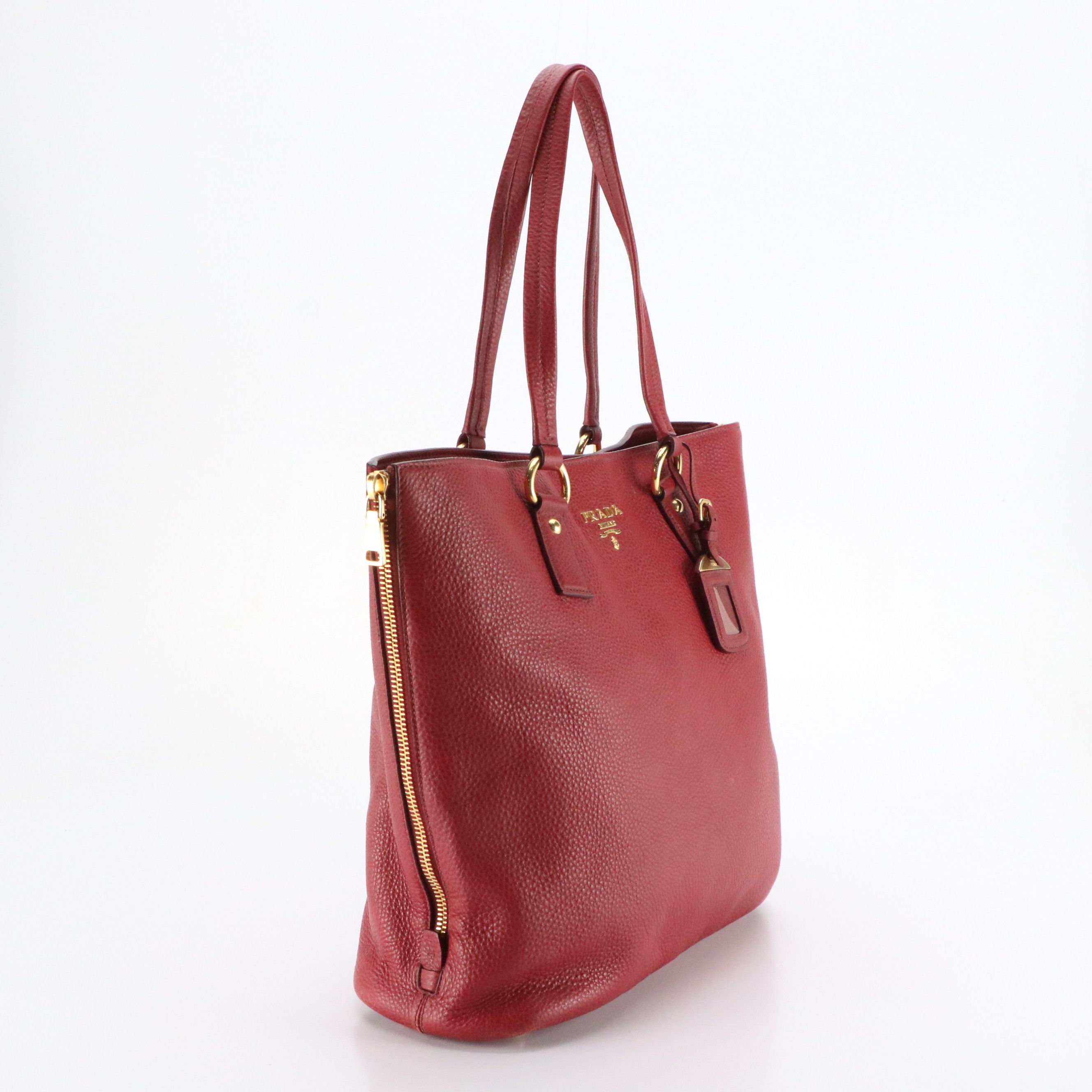 Prada Side Zip Large Shopper Tote in Red Vitello Daino Leather