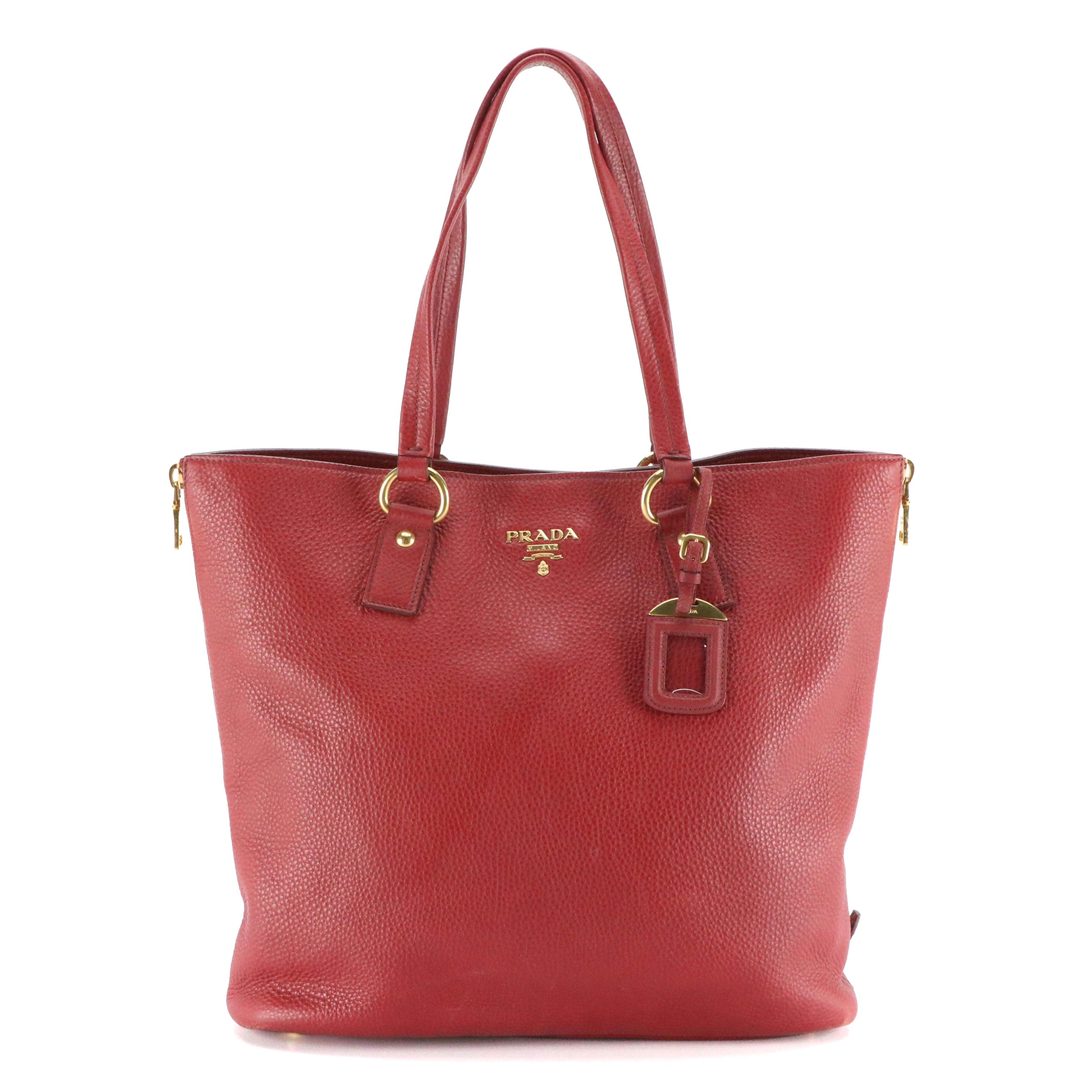 Prada Side Zip Large Shopper Tote in Red Vitello Daino Leather