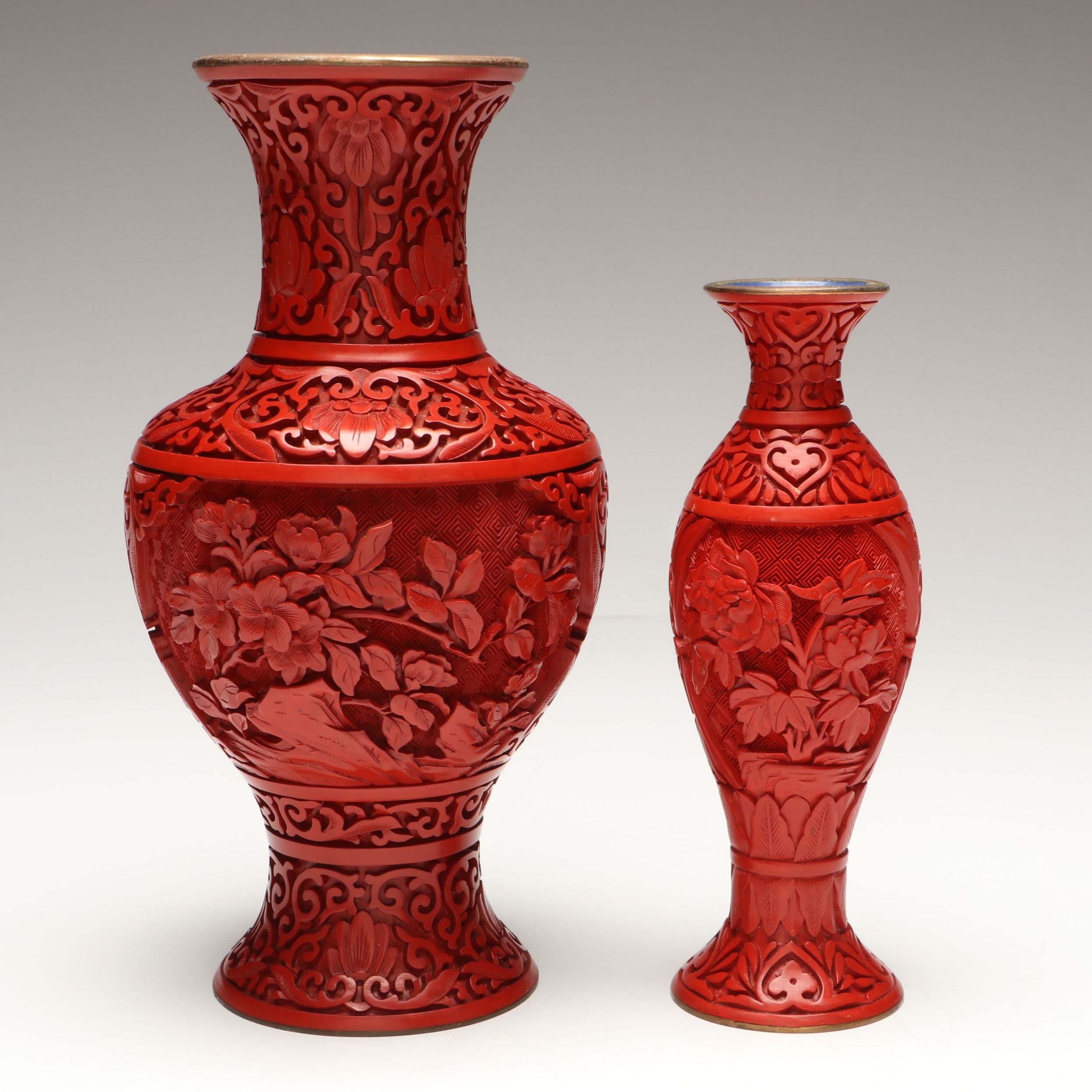 Chinese Red Lacquered and Carved Vases