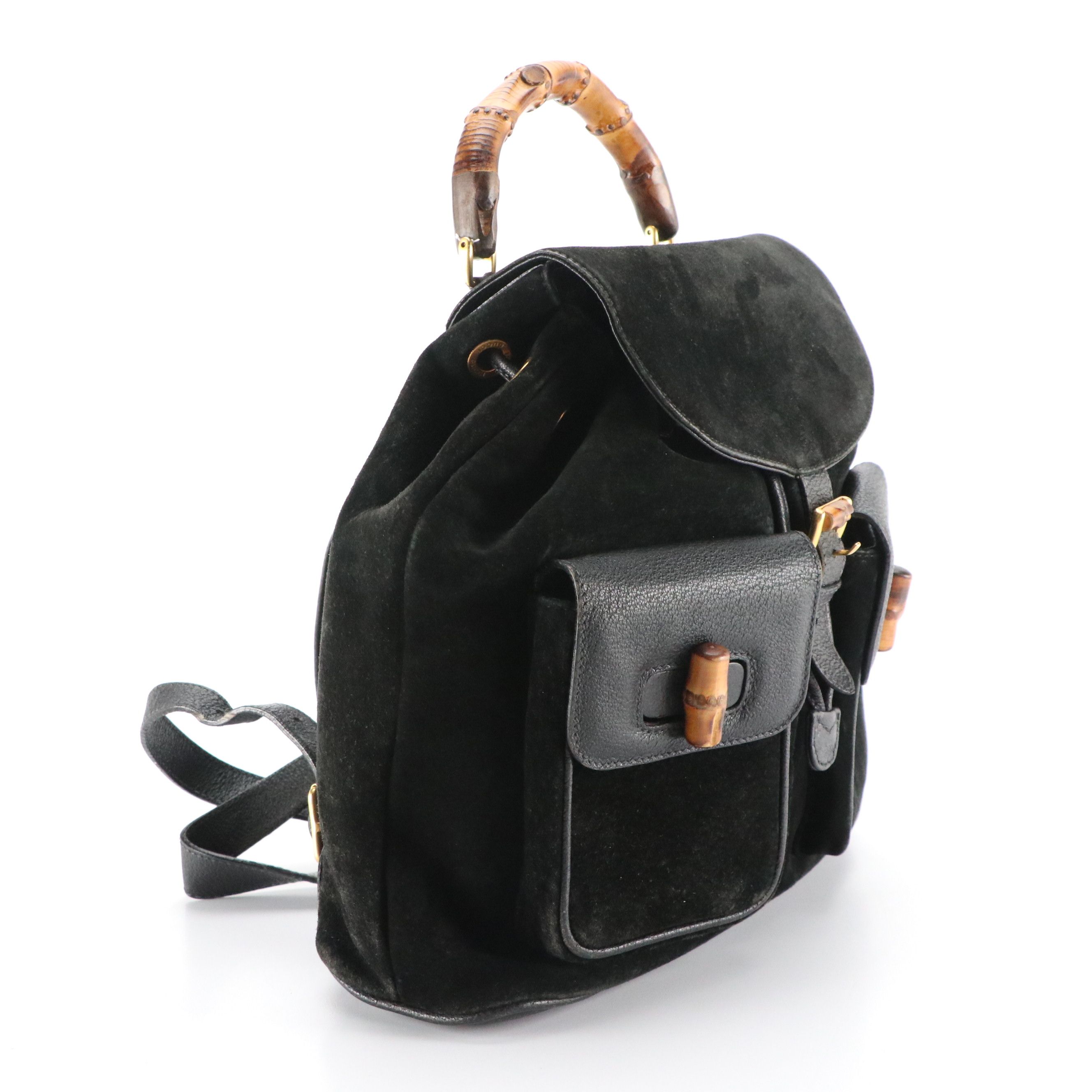 Gucci Bamboo Handle Drawstring Backpack in Black Suede and Grained Leather