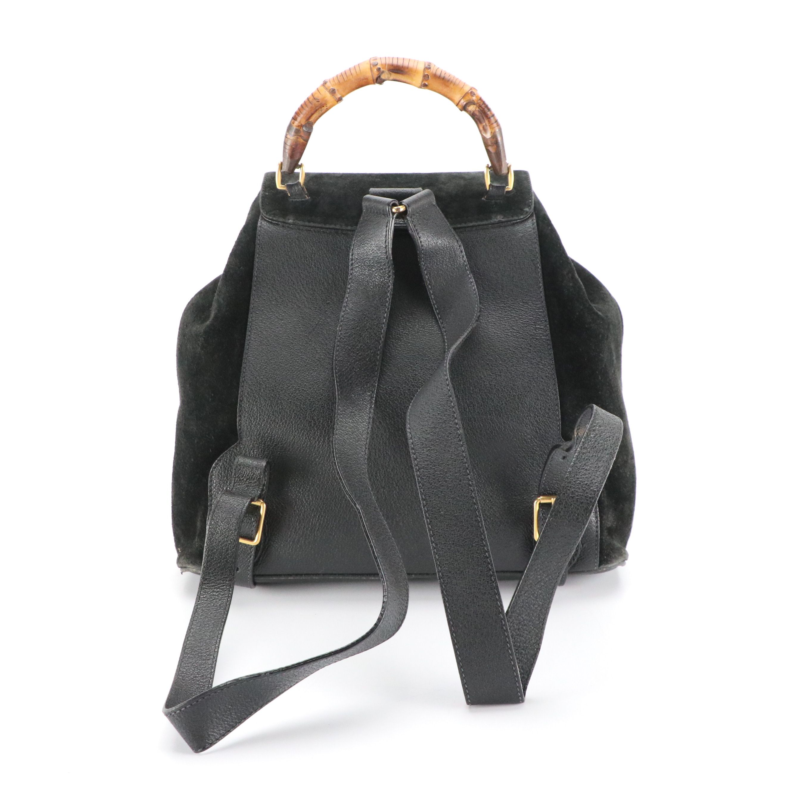 Gucci Bamboo Handle Drawstring Backpack in Black Suede and Grained Leather