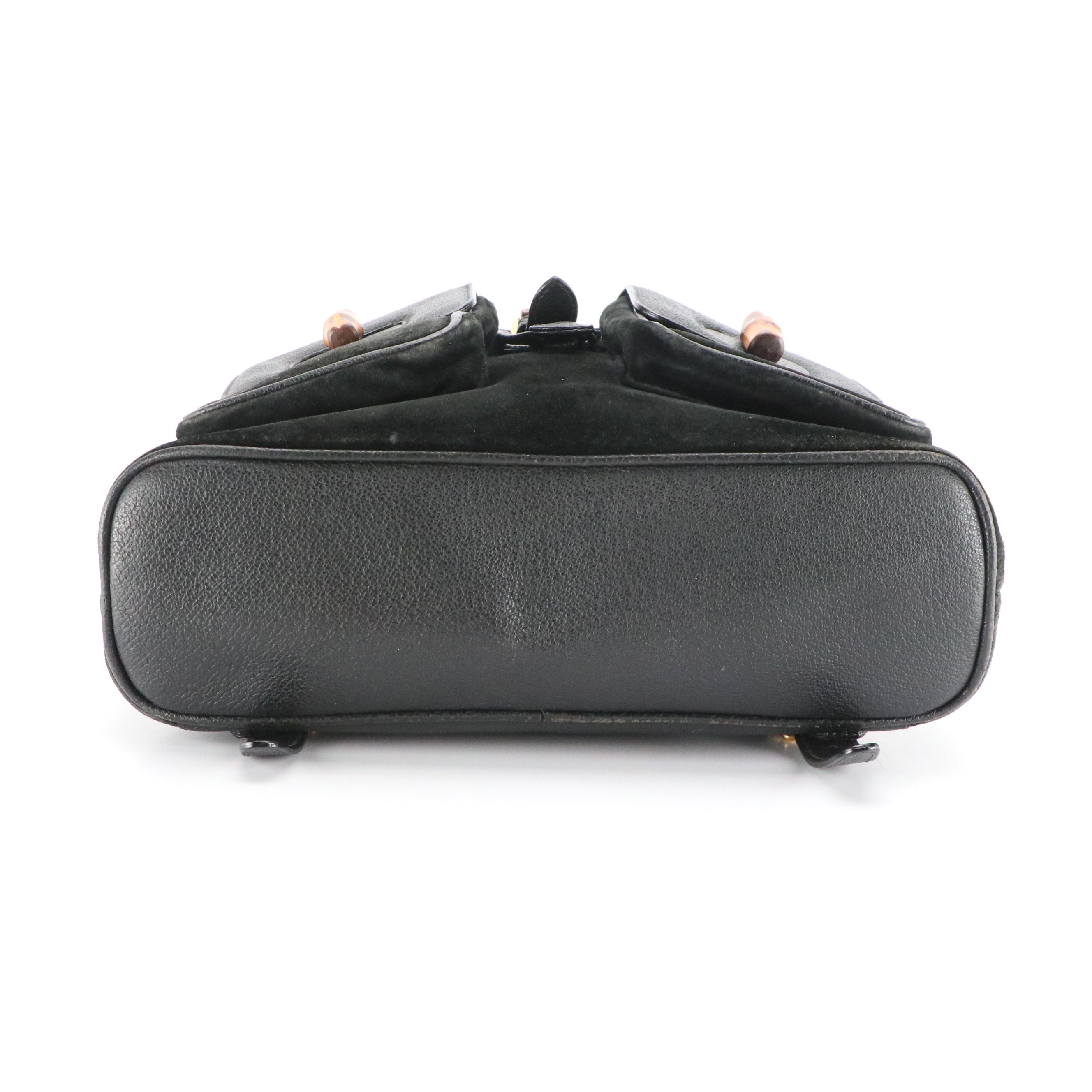 Gucci Bamboo Handle Drawstring Backpack in Black Suede and Grained Leather