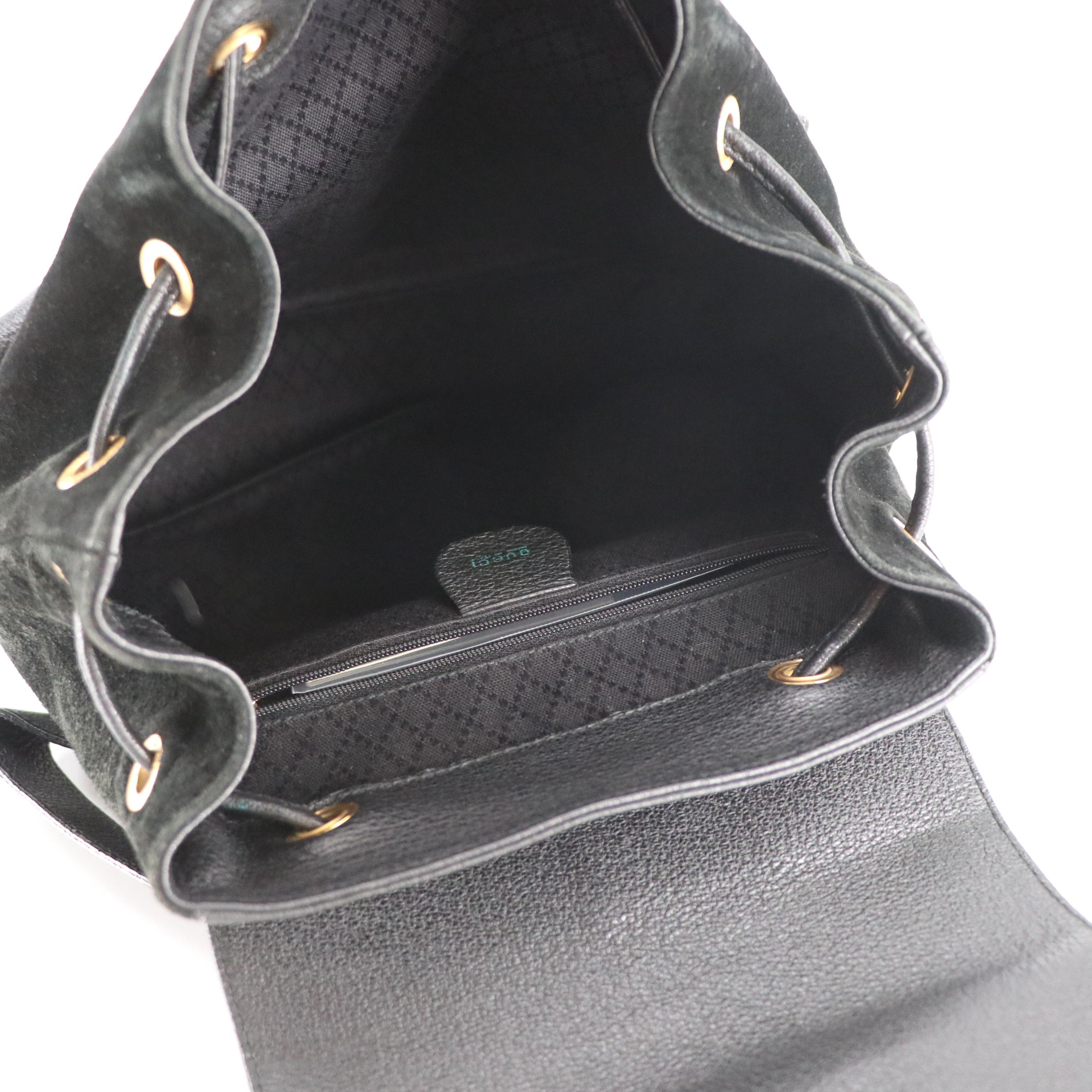 Gucci Bamboo Handle Drawstring Backpack in Black Suede and Grained Leather