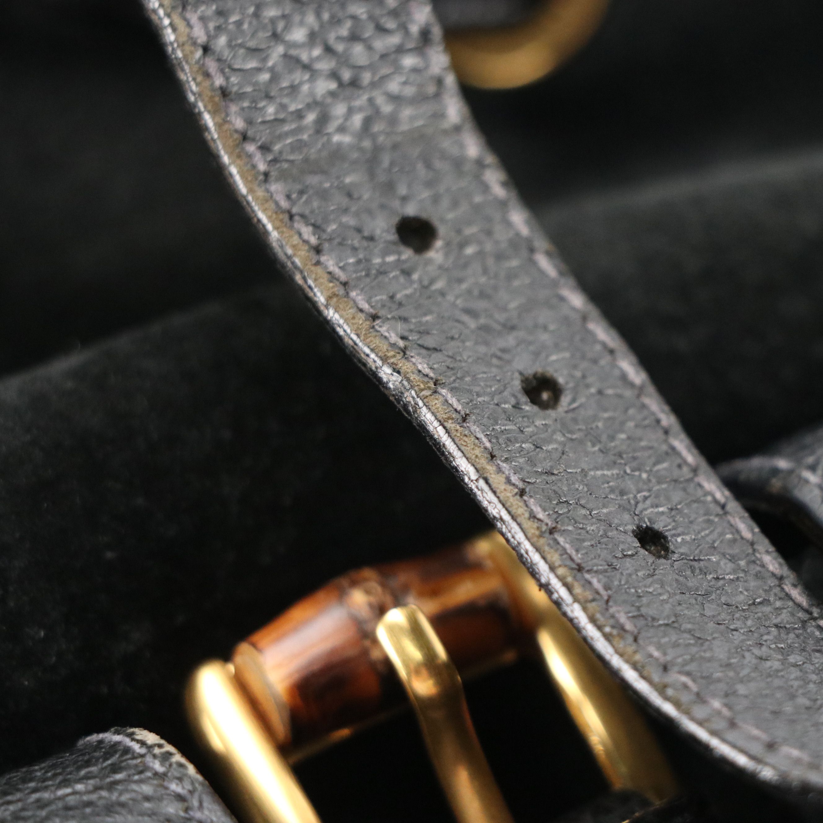 Gucci Bamboo Handle Drawstring Backpack in Black Suede and Grained Leather