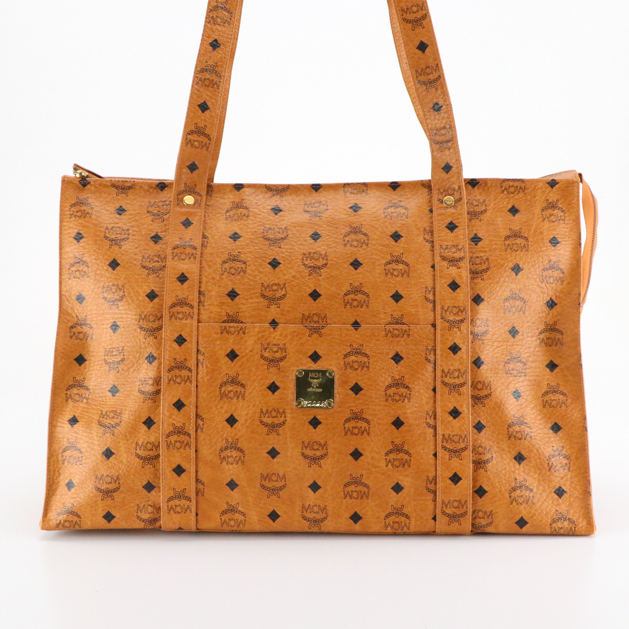 MCM Large Long Handle Zip Tote in Cognac Visetos Canvas
