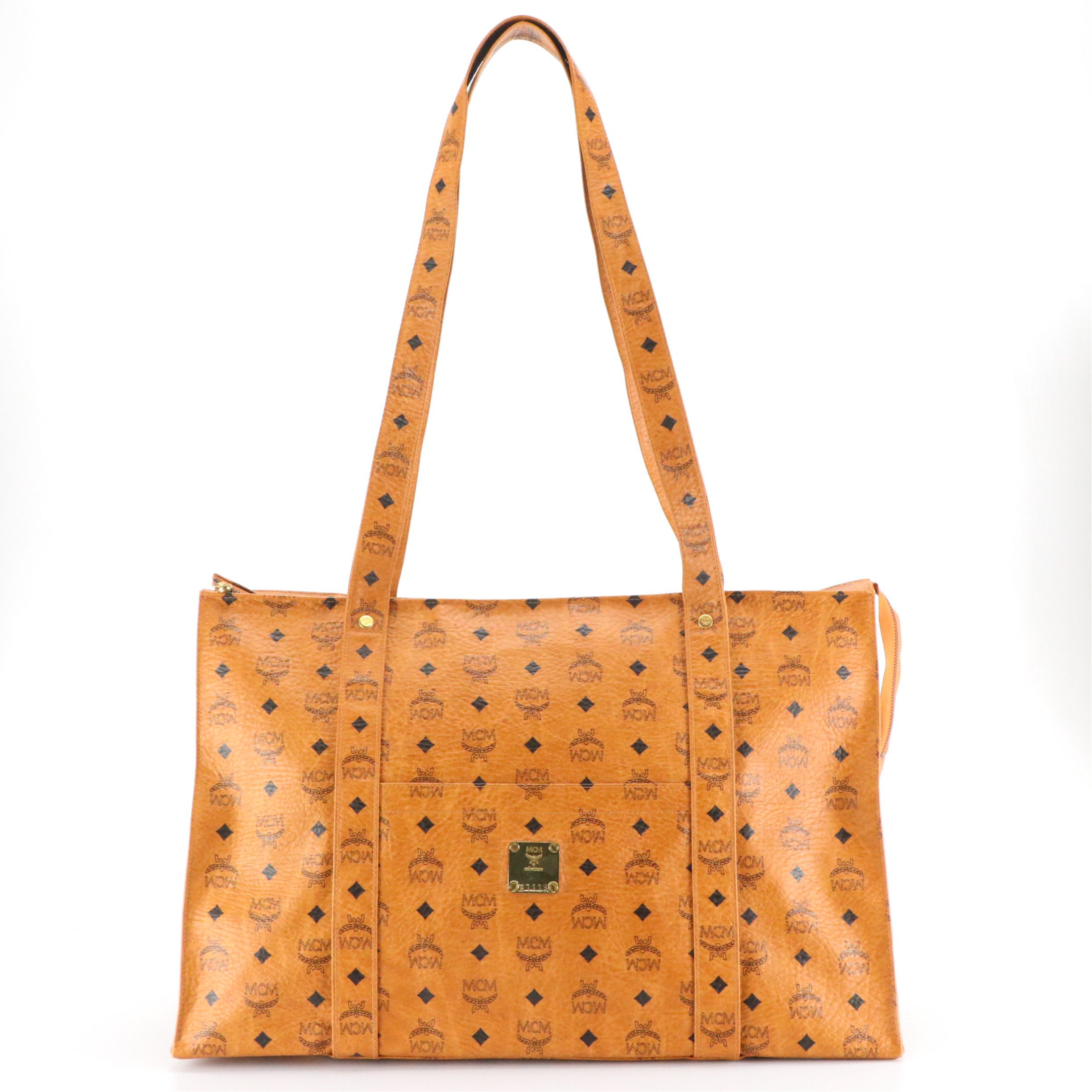 MCM Large Long Handle Zip Tote in Cognac Visetos Canvas
