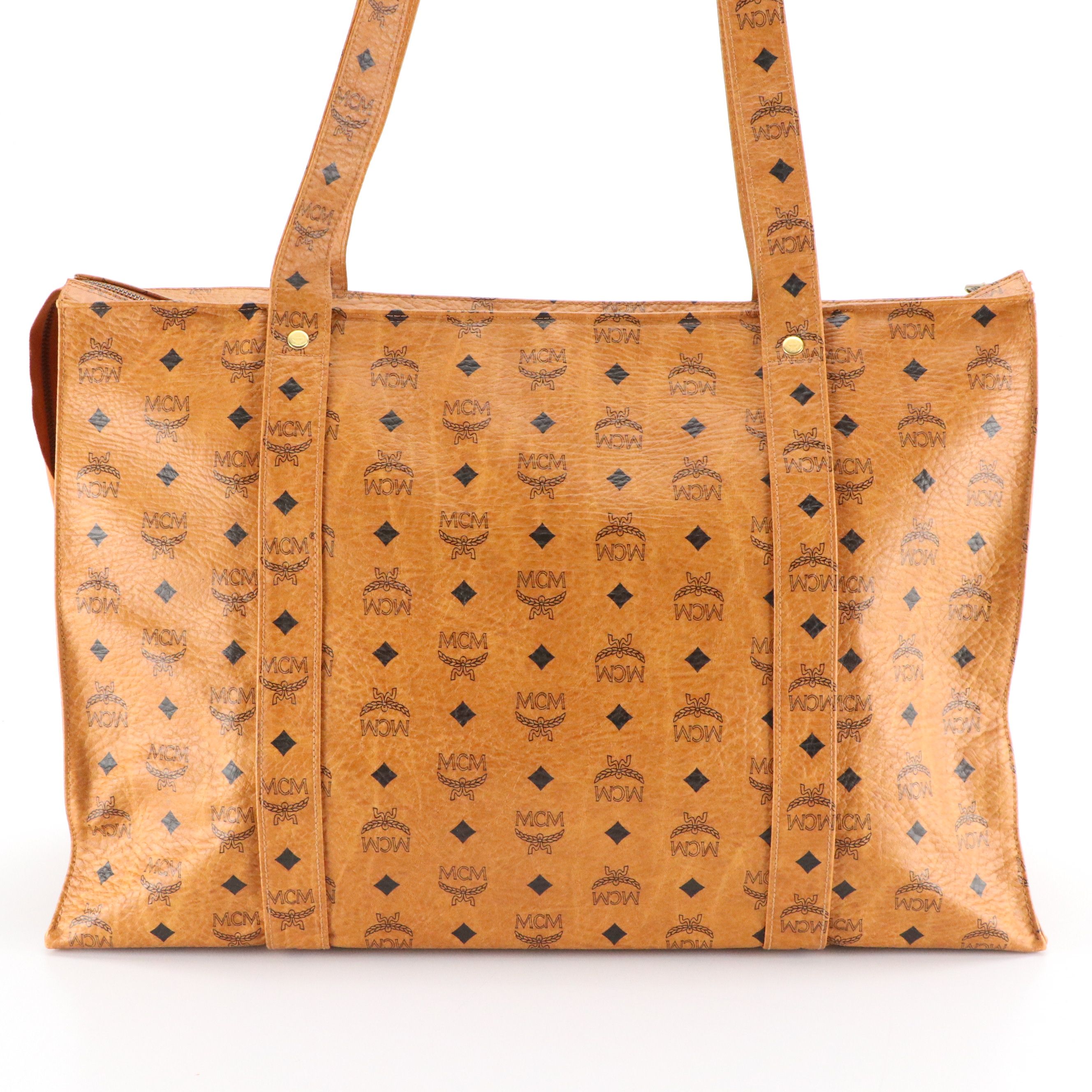 MCM Large Long Handle Zip Tote in Cognac Visetos Canvas
