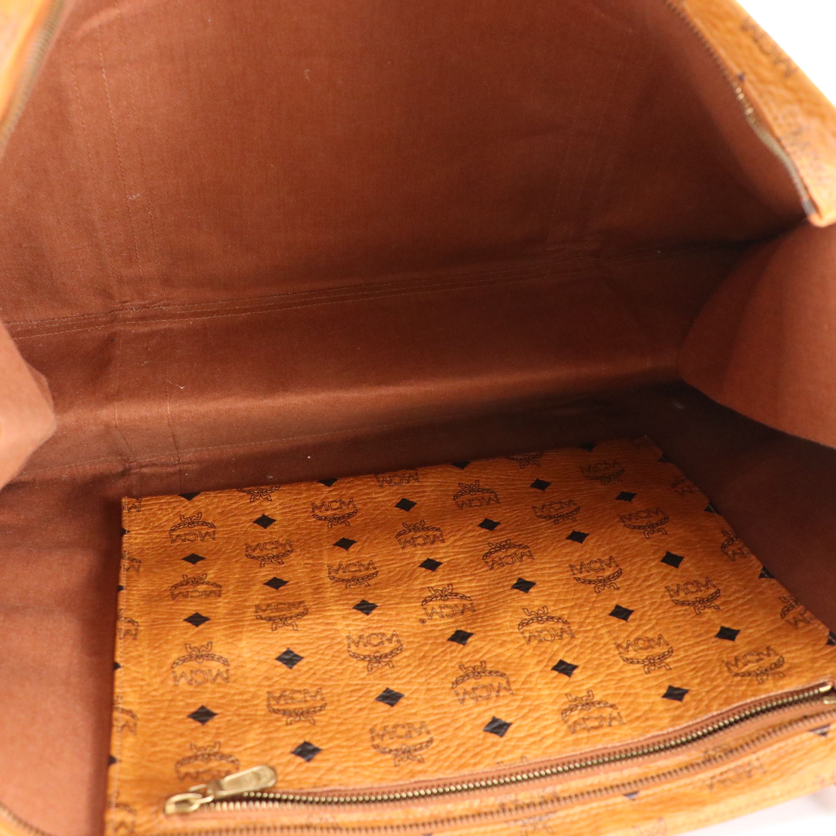 MCM Large Long Handle Zip Tote in Cognac Visetos Canvas