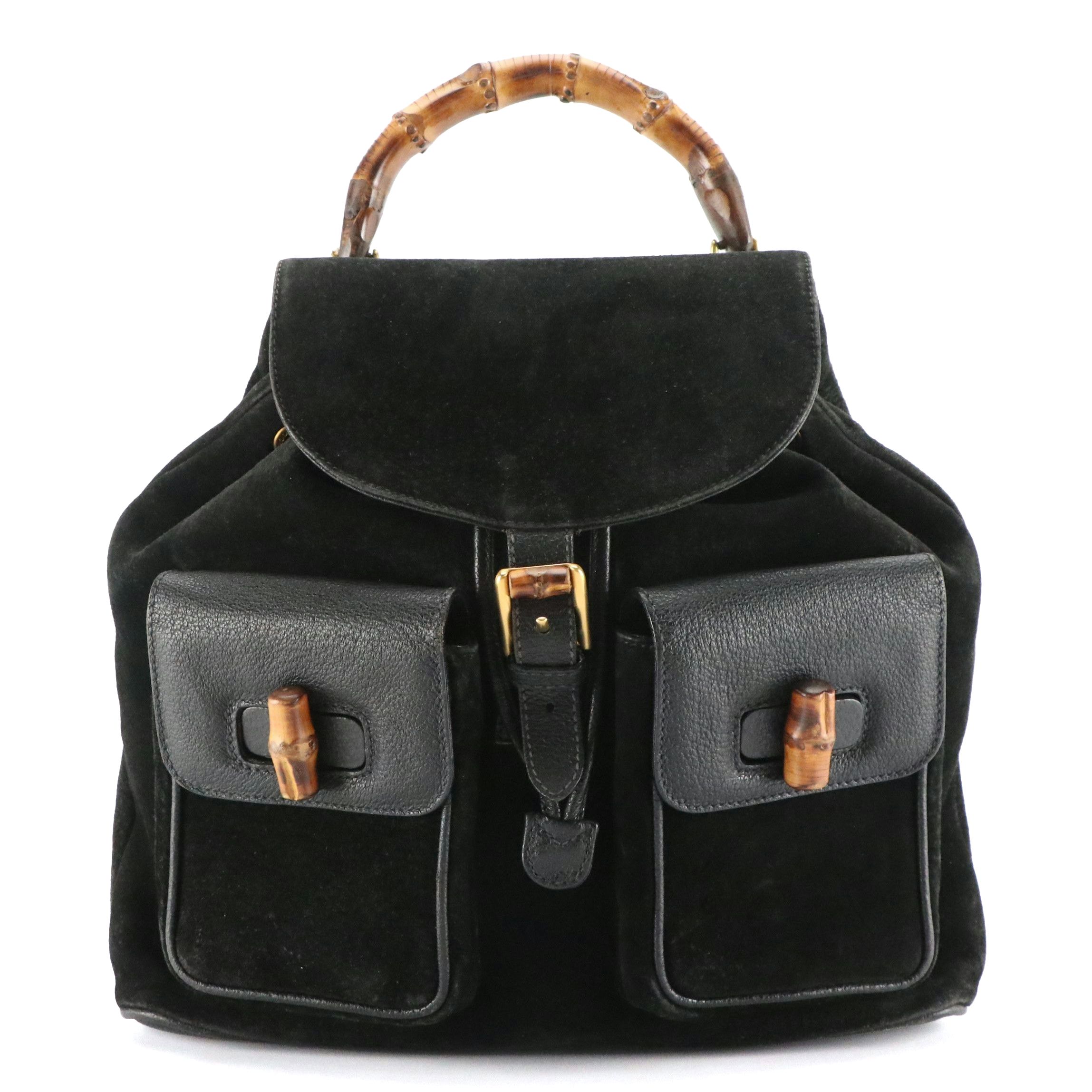 Gucci Bamboo Handle Drawstring Backpack in Black Suede and Grained Leather