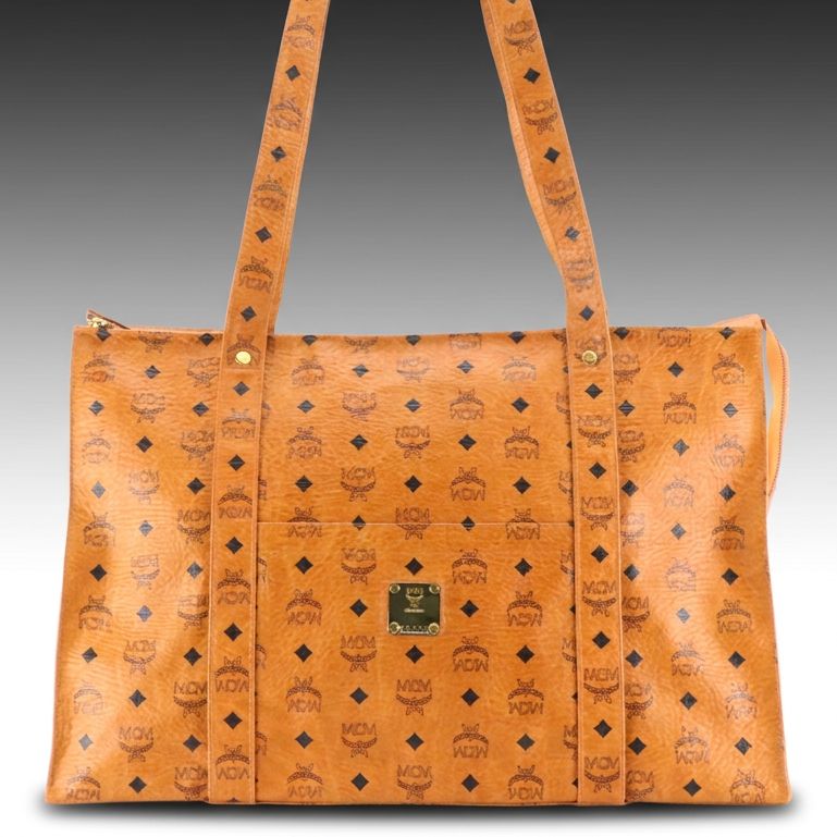 MCM Large Long Handle Zip Tote in Cognac Visetos Canvas