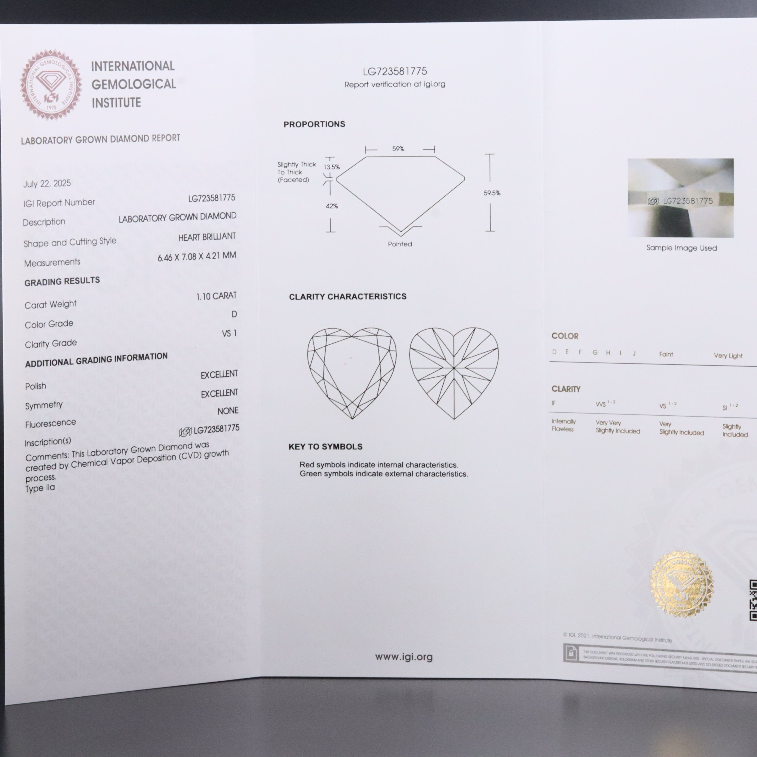 Loose 1.10 CT Lab Grown Diamond with IGI Report