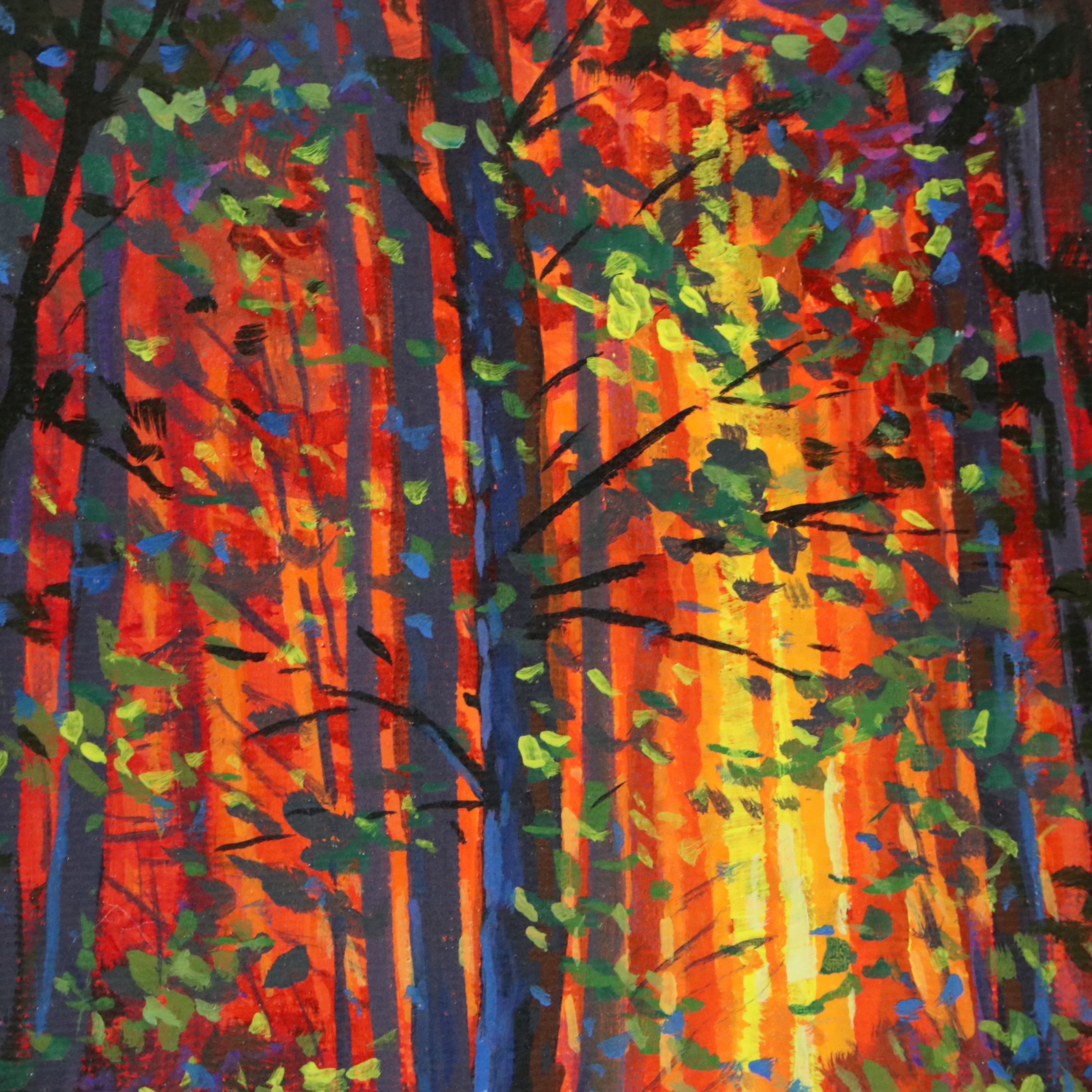 Doug "Bumo" Johnpeer Acrylic Painting of Forest at Sunset, 2024