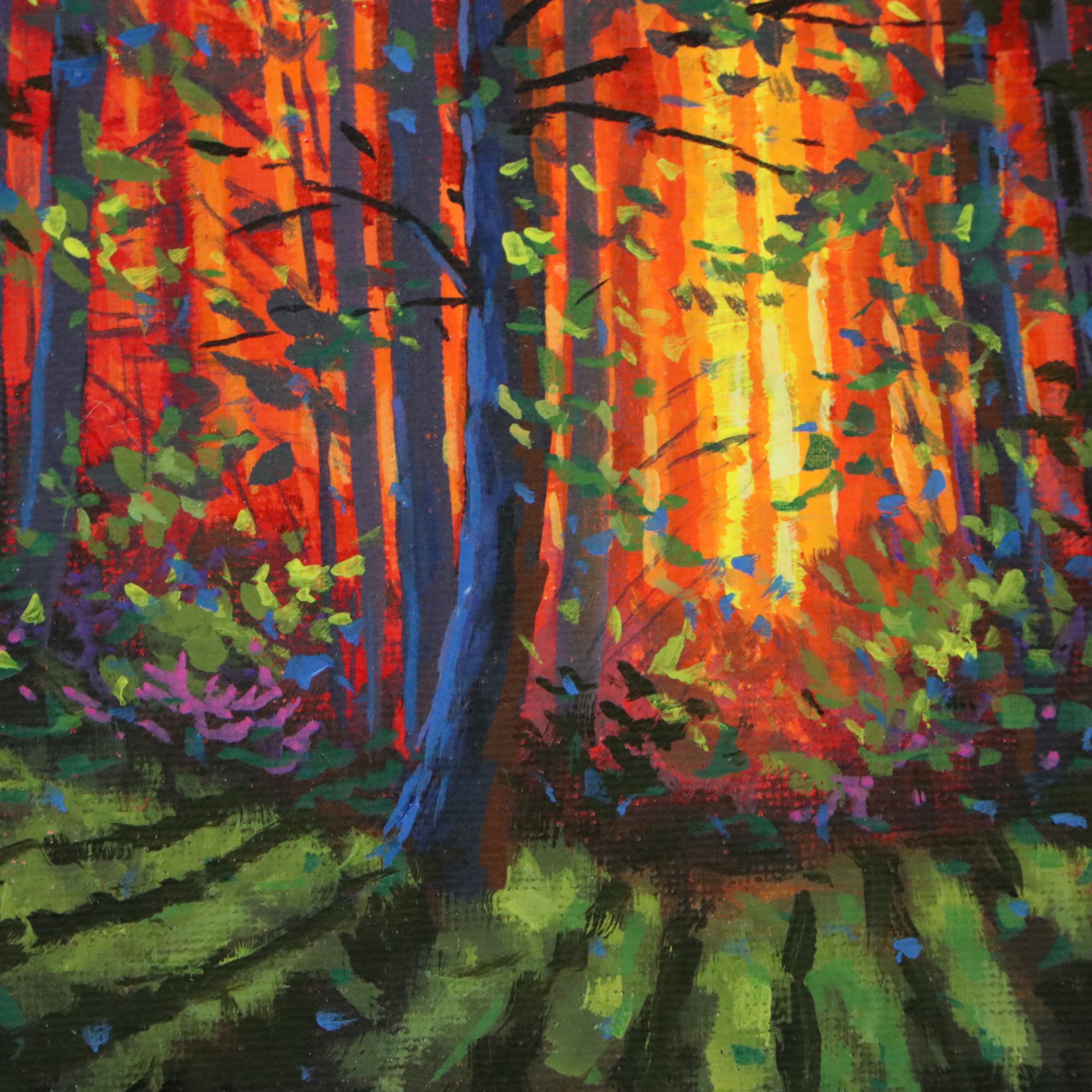 Doug "Bumo" Johnpeer Acrylic Painting of Forest at Sunset, 2024