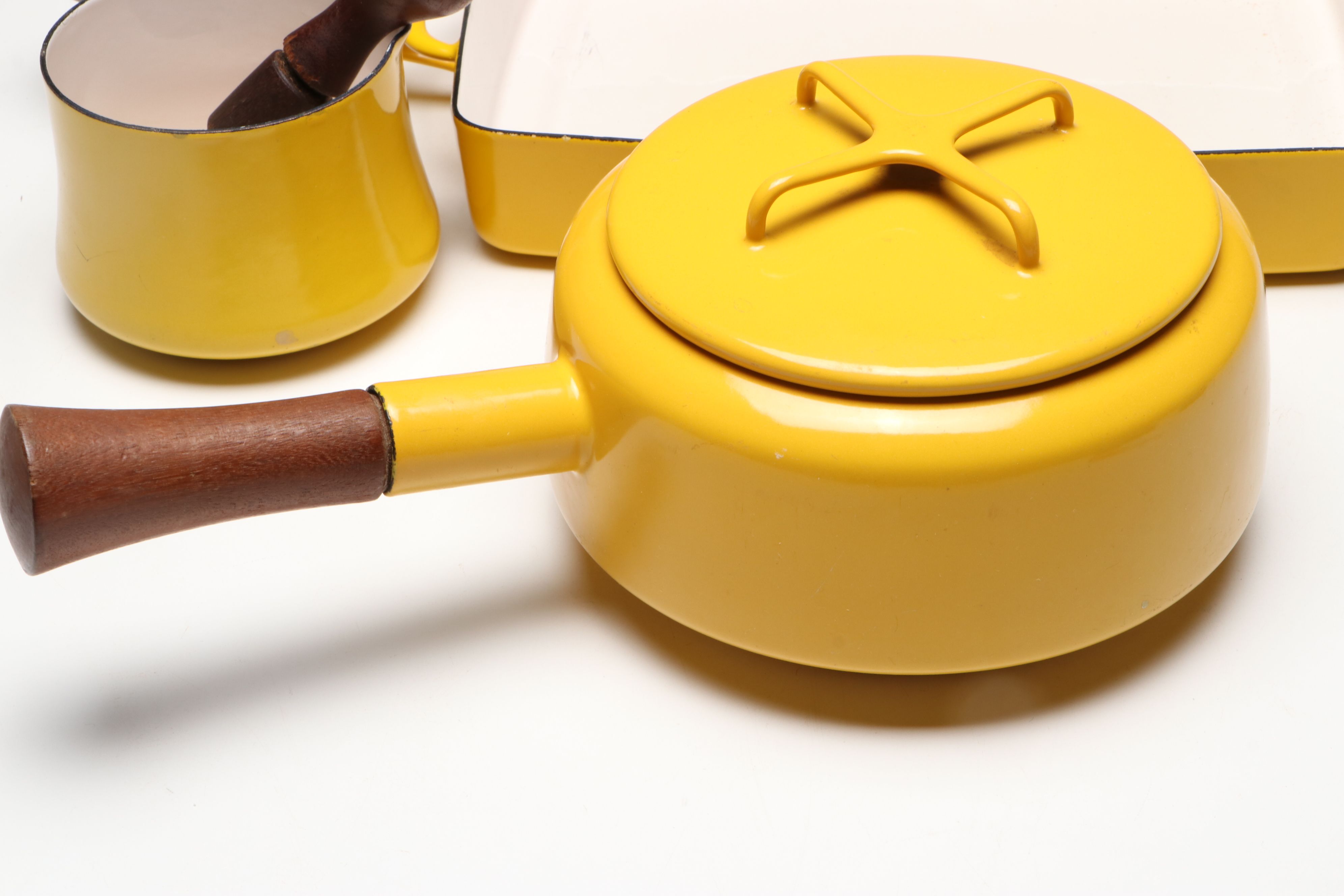 Dansk "Kobenstyle" Yellow Enameled Casserole Dishes, Fondue Pot and Sauce Pans