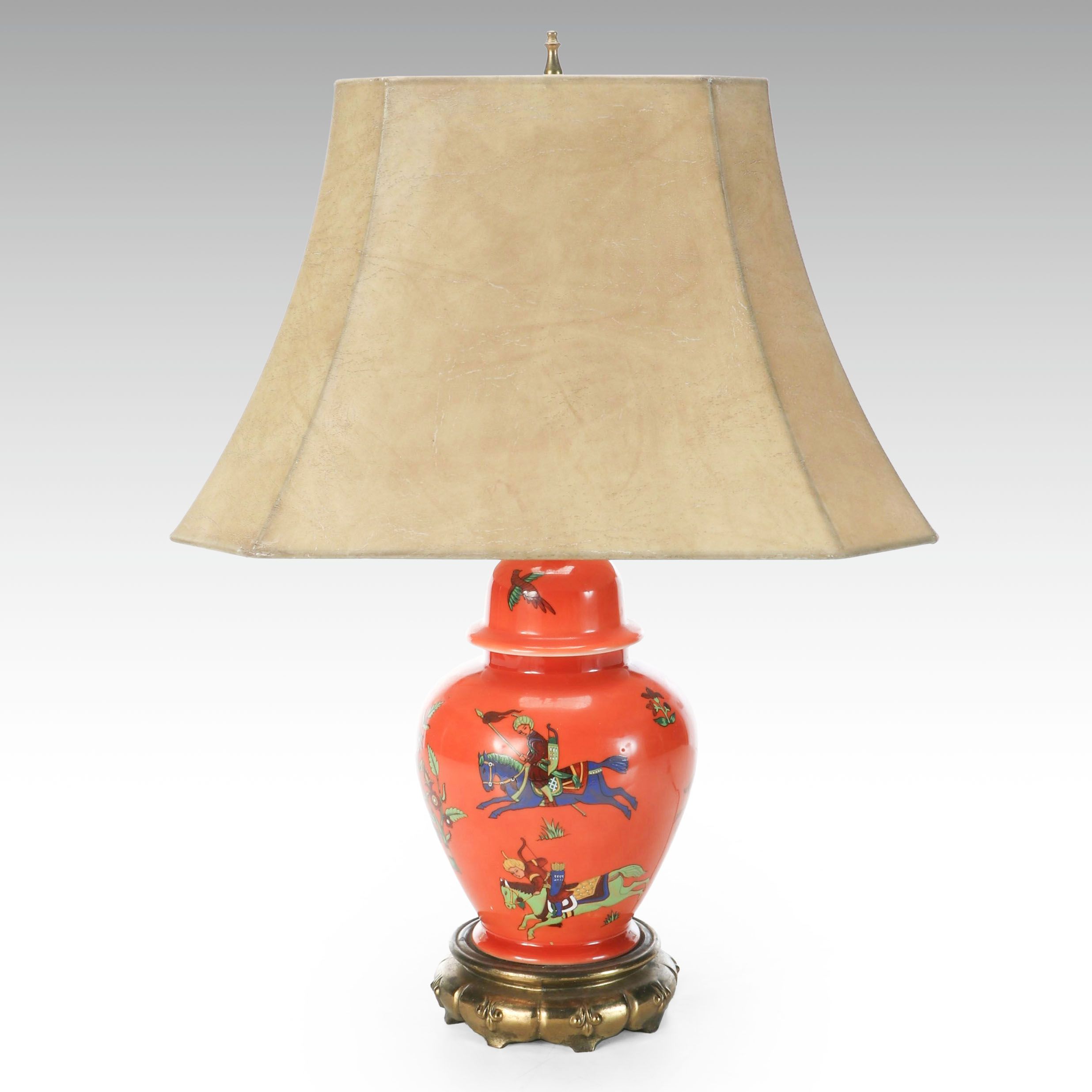 Indo-Persian Hunt Scene Hand-Painted Ginger Jar Table Lamp
