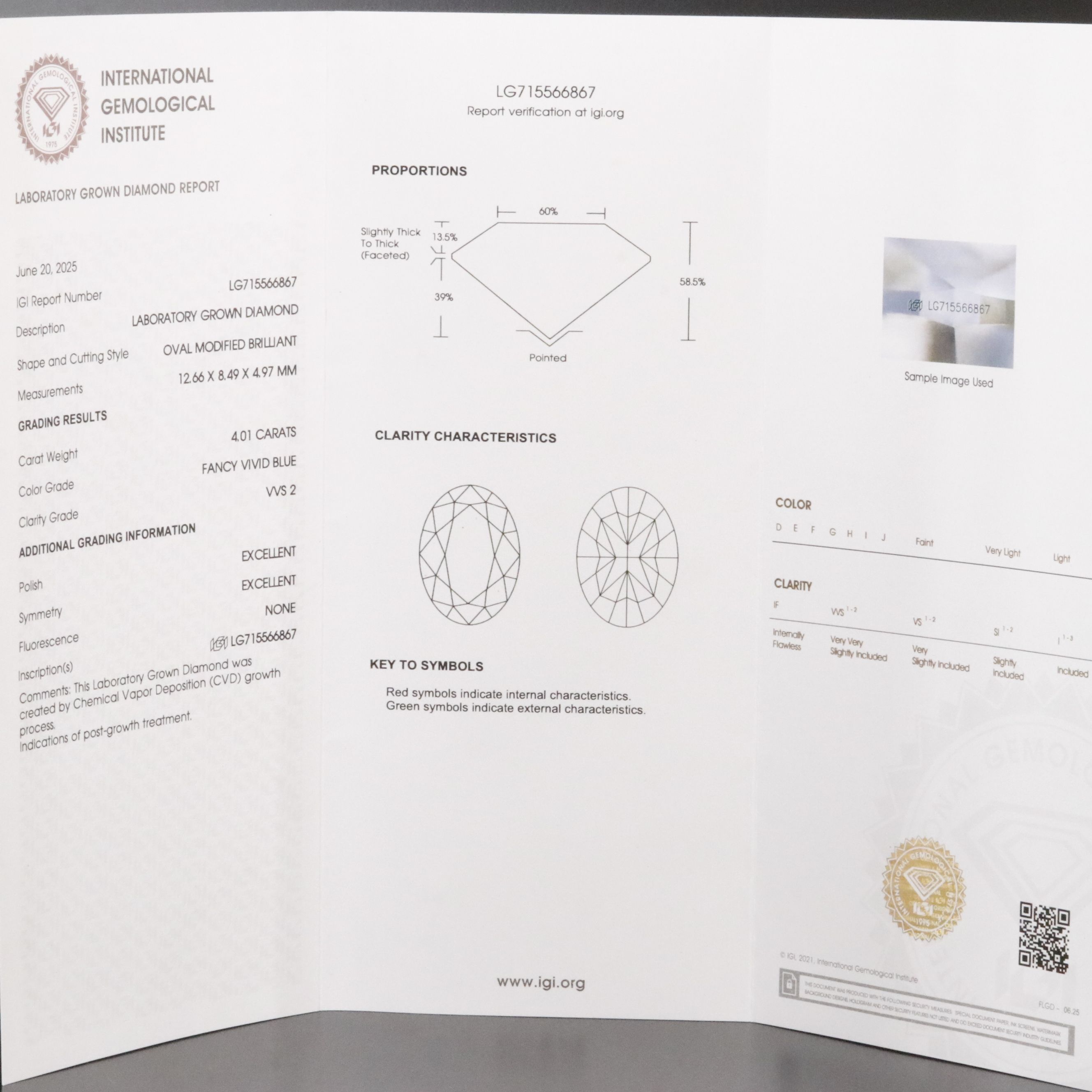 Platinum 4.01 CT Lab Grown Fancy Vivid Blue Diamond Ring with IGI Report