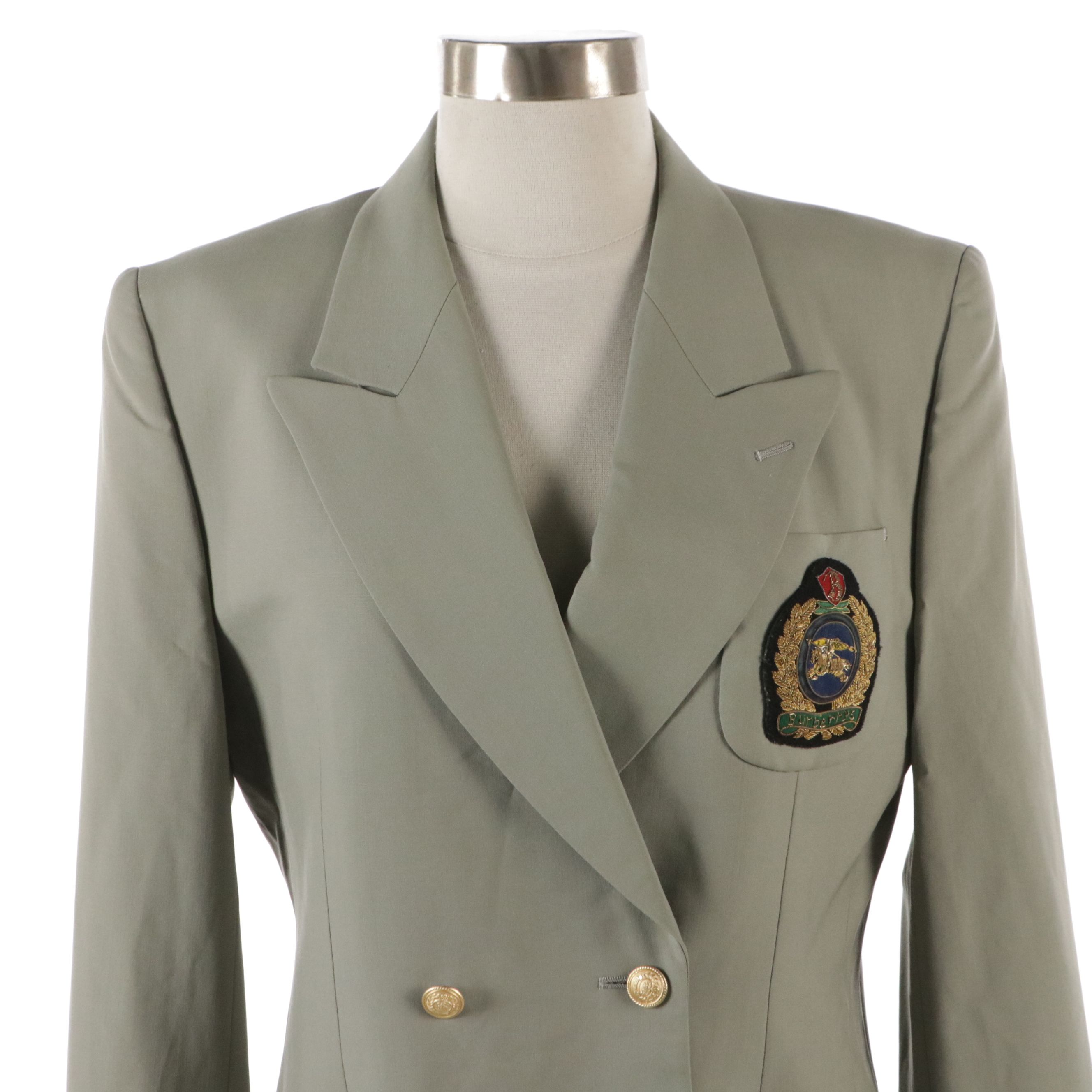 Burberrys Double-Breasted Logo Blazer in Light Grey Suiting Wool