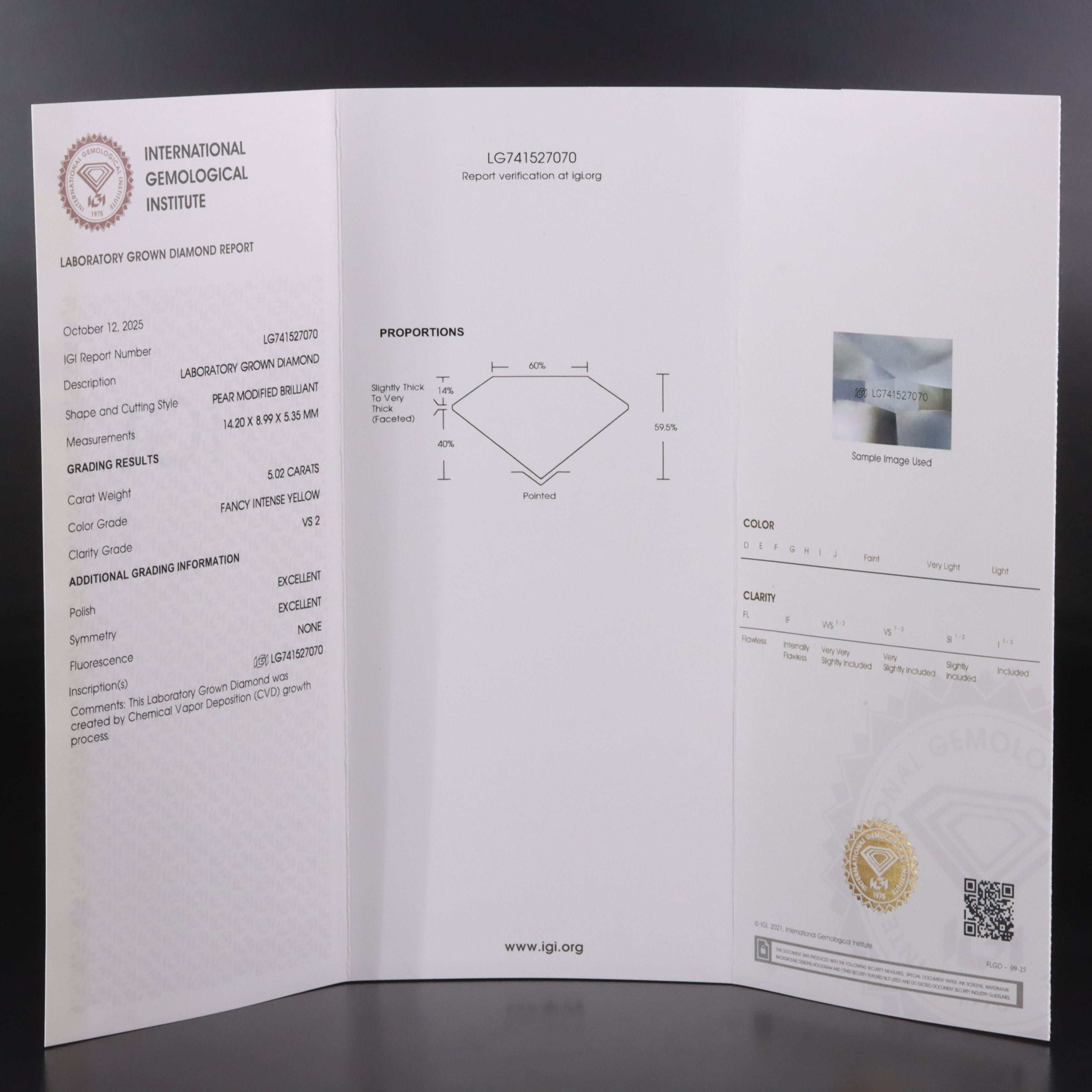 Platinum 5.02 CT Lab Grown Fancy Intense Yellow Diamond Ring with IGI Report