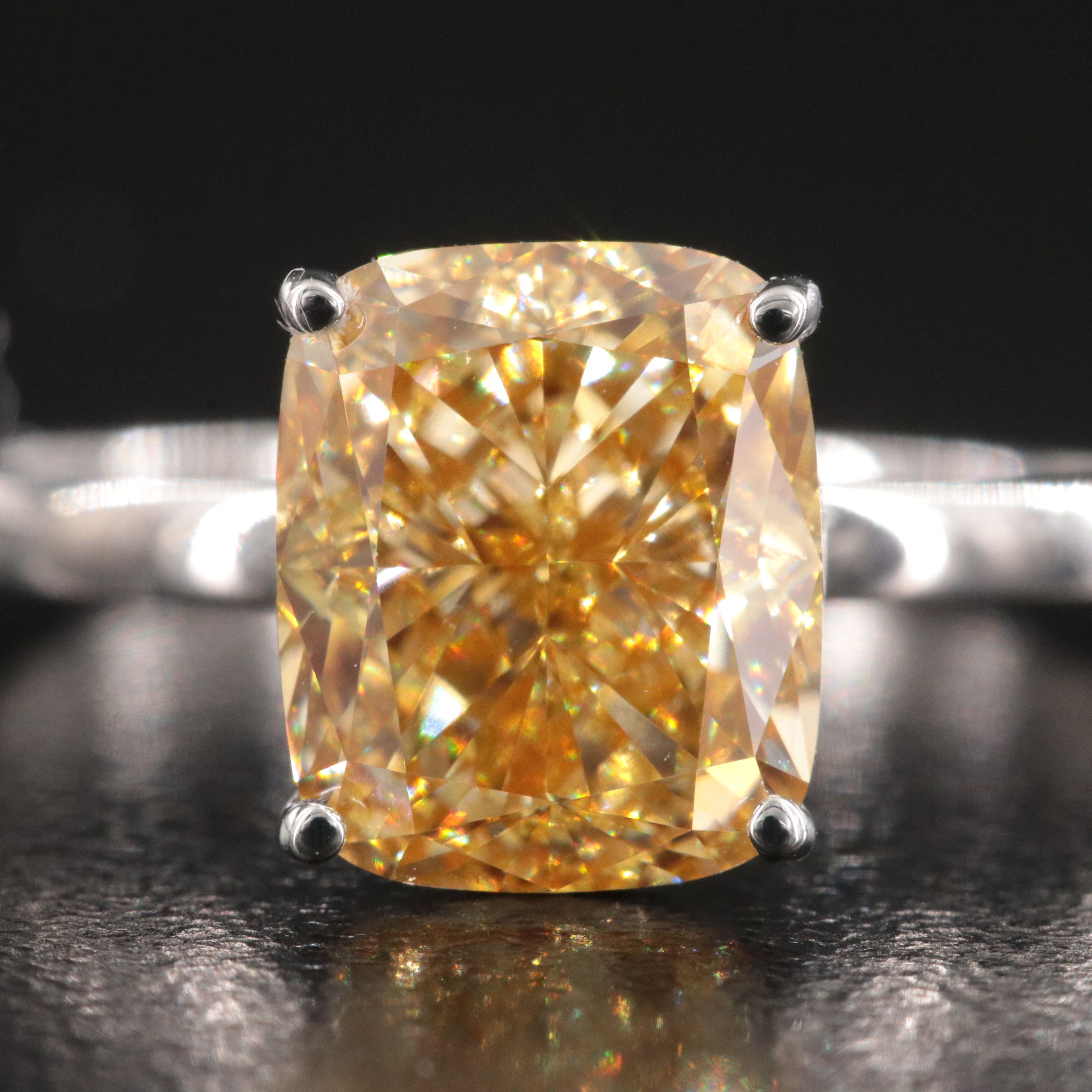 Platinum 3.02 CT Lab Grown Fancy Intense Yellow Diamond Ring with IGI Report