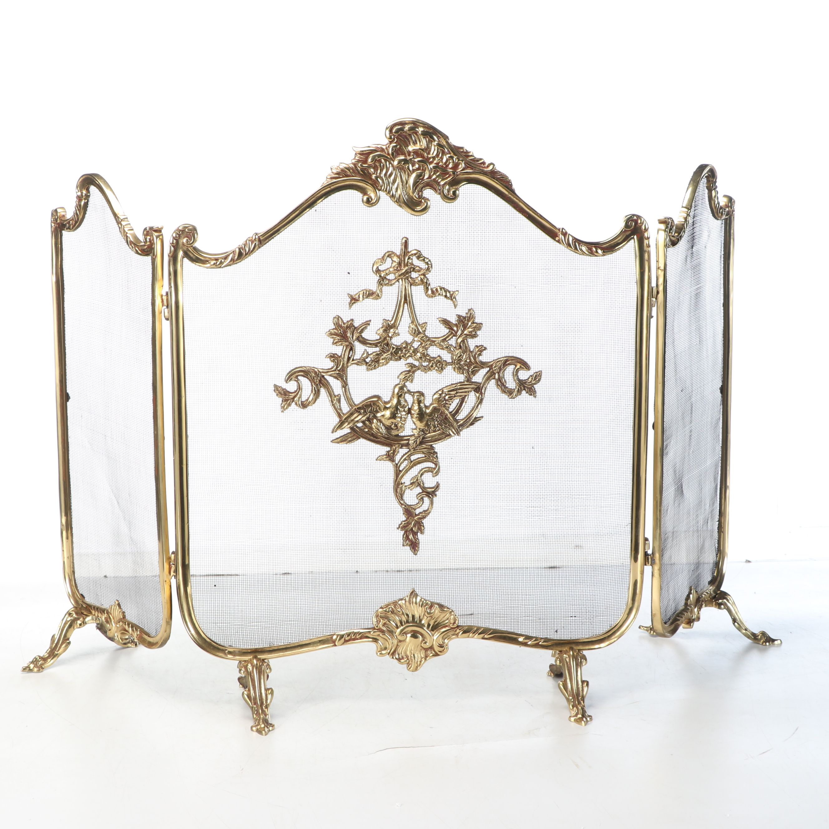 French Provincial Style Brass Finish Folding Fireplace Screen