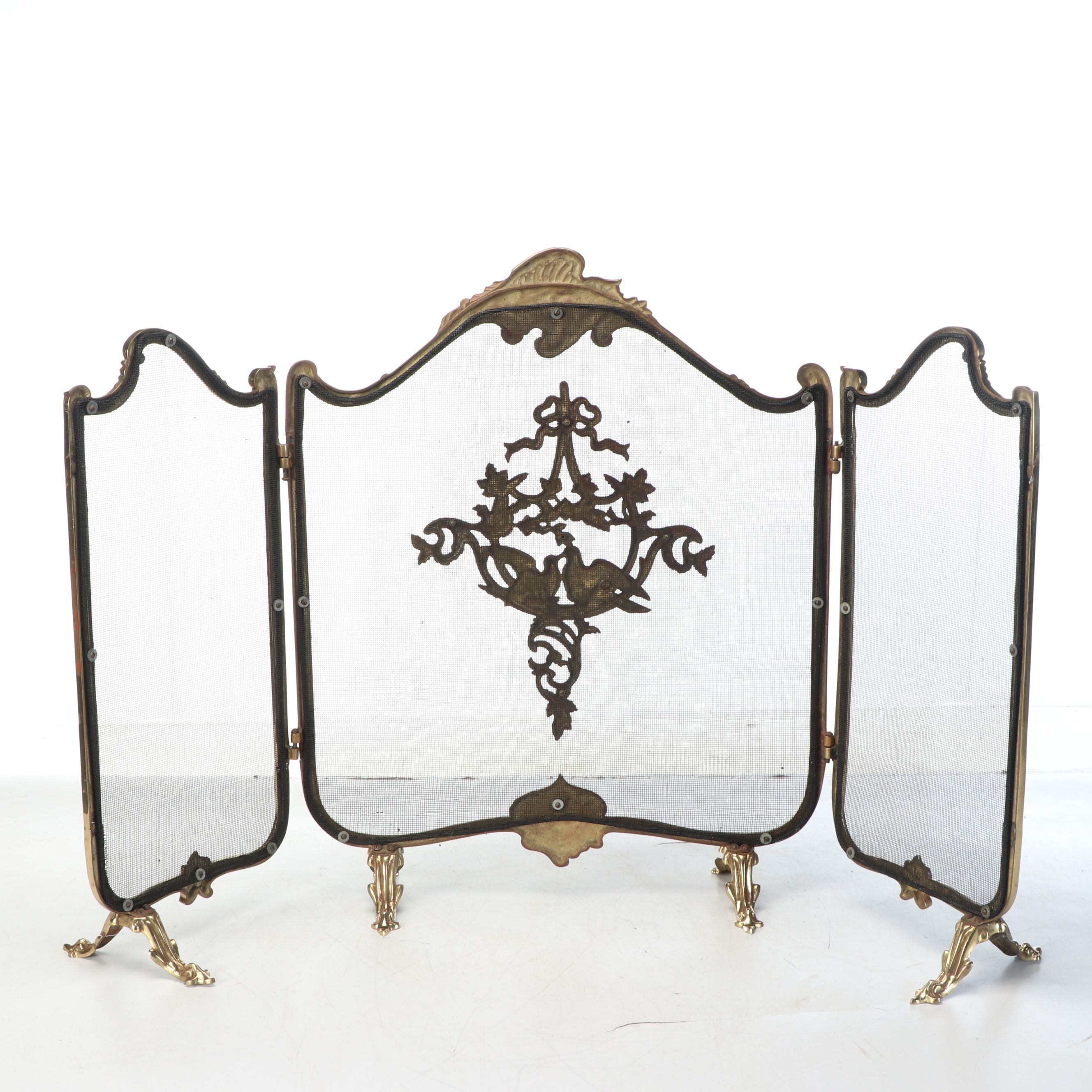 French Provincial Style Brass Finish Folding Fireplace Screen