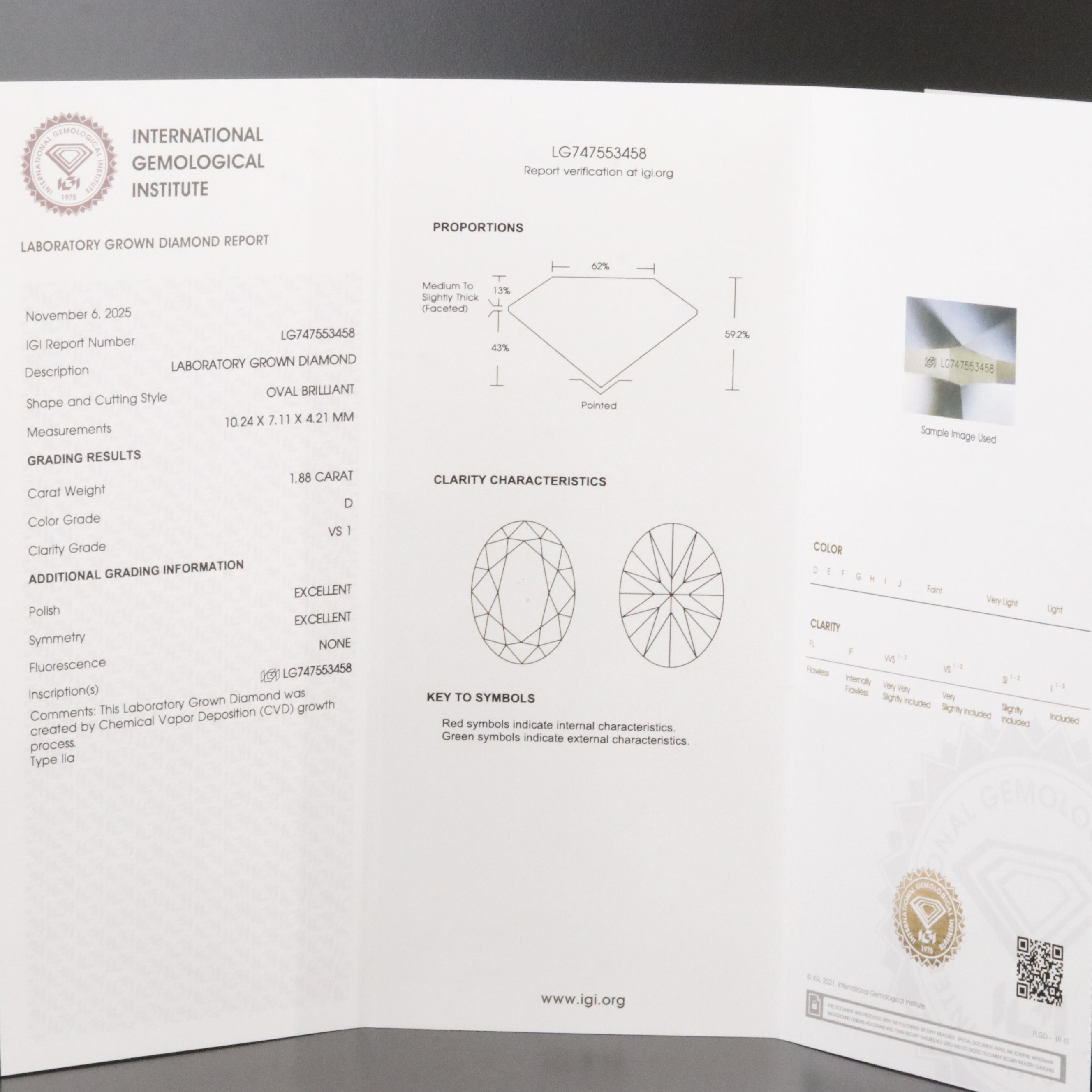 Loose 1.88 CT Lab Grown Diamond with IGI Report