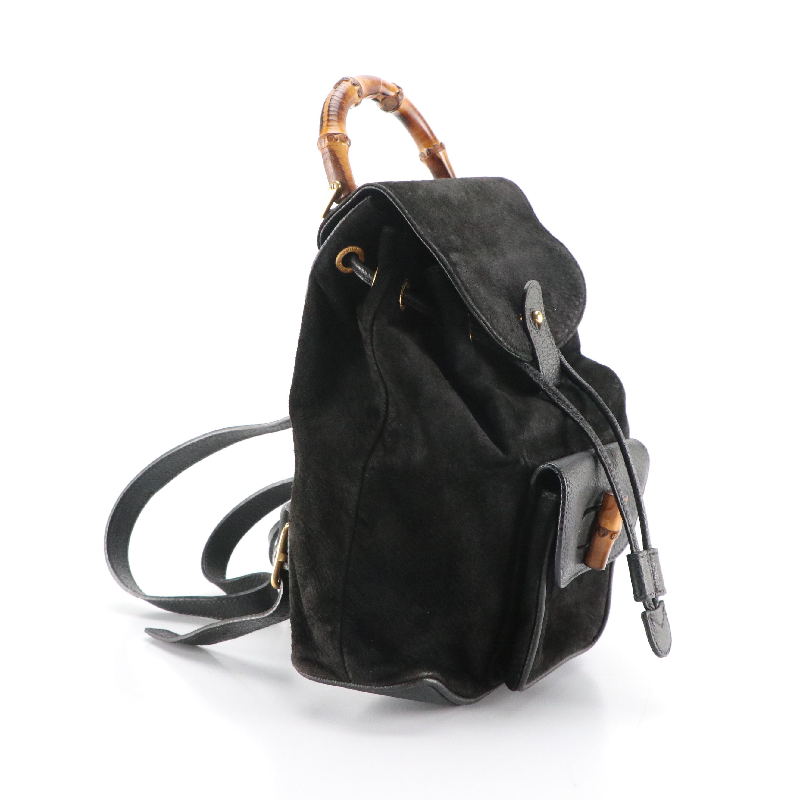 Gucci Small Bamboo Handle Drawstring Backpack in Black Suede and Leather
