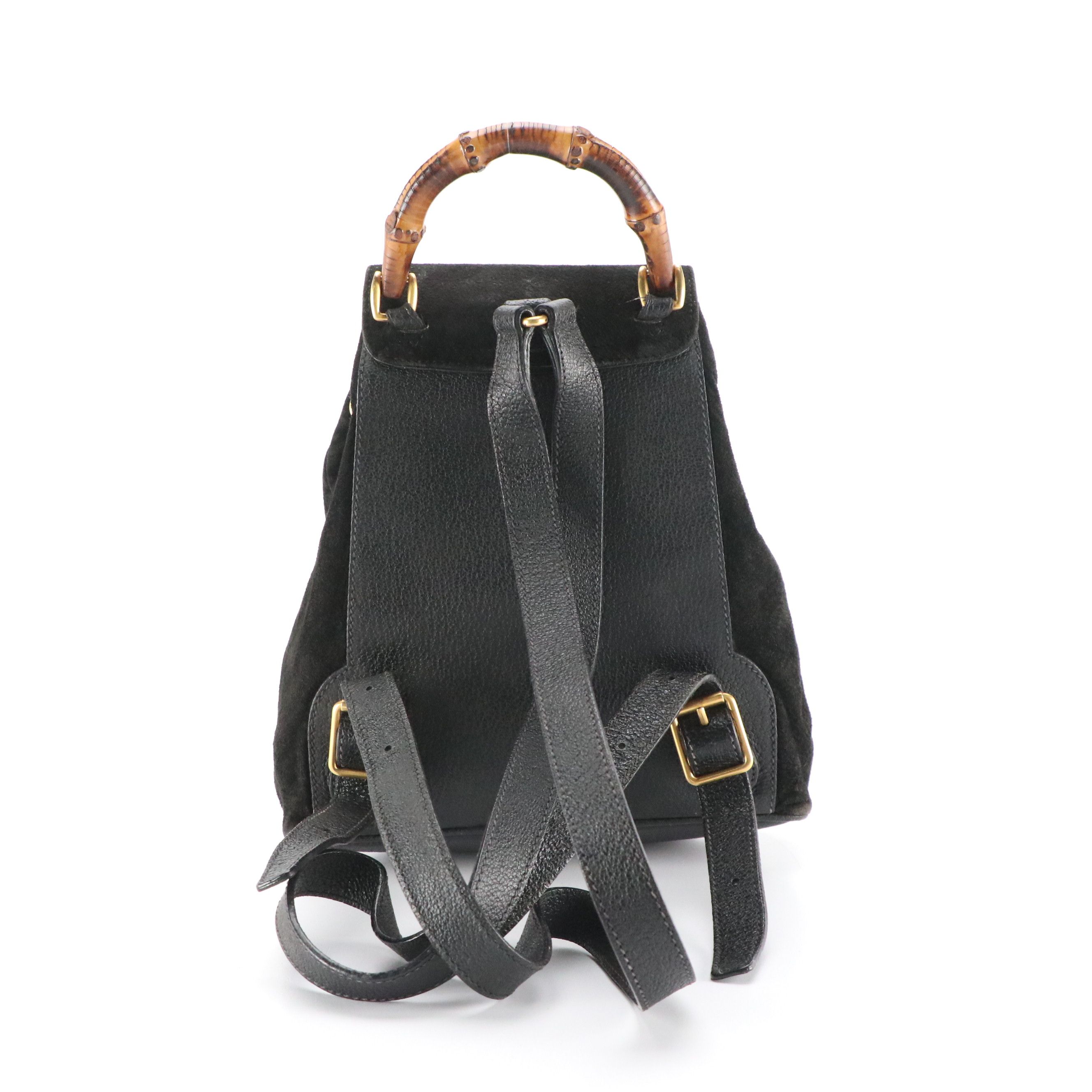 Gucci Small Bamboo Handle Drawstring Backpack in Black Suede and Leather