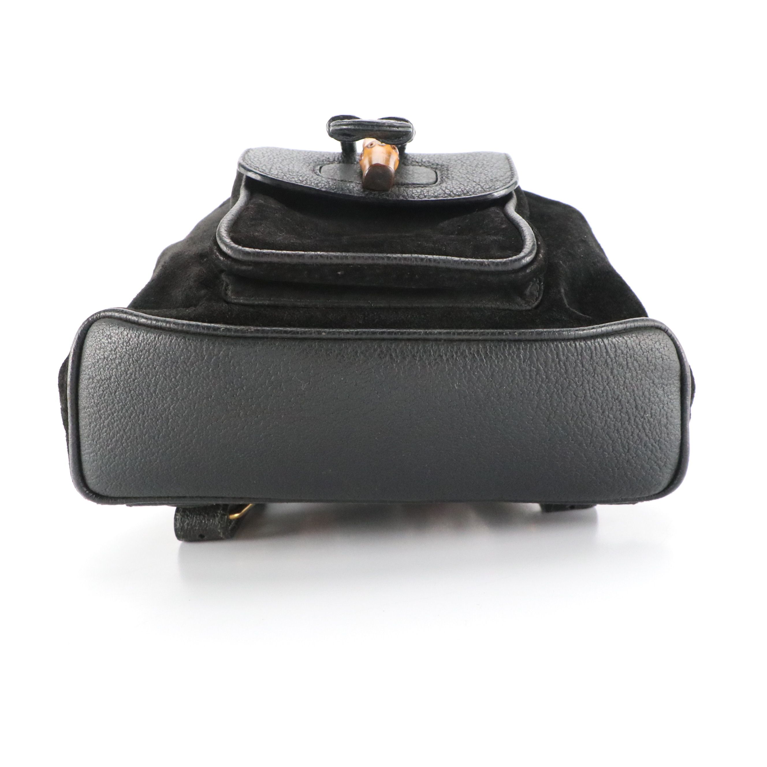 Gucci Small Bamboo Handle Drawstring Backpack in Black Suede and Leather