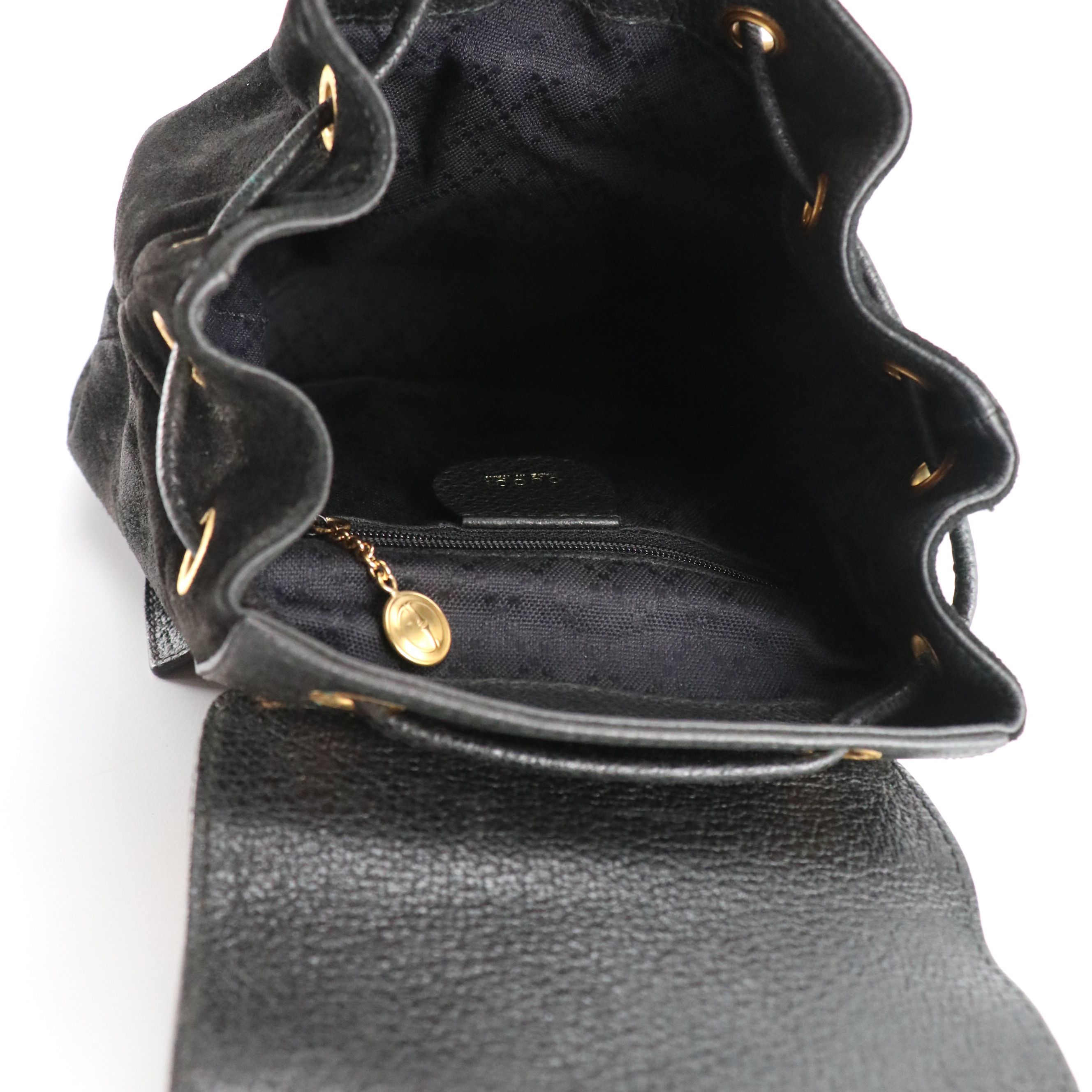 Gucci Small Bamboo Handle Drawstring Backpack in Black Suede and Leather