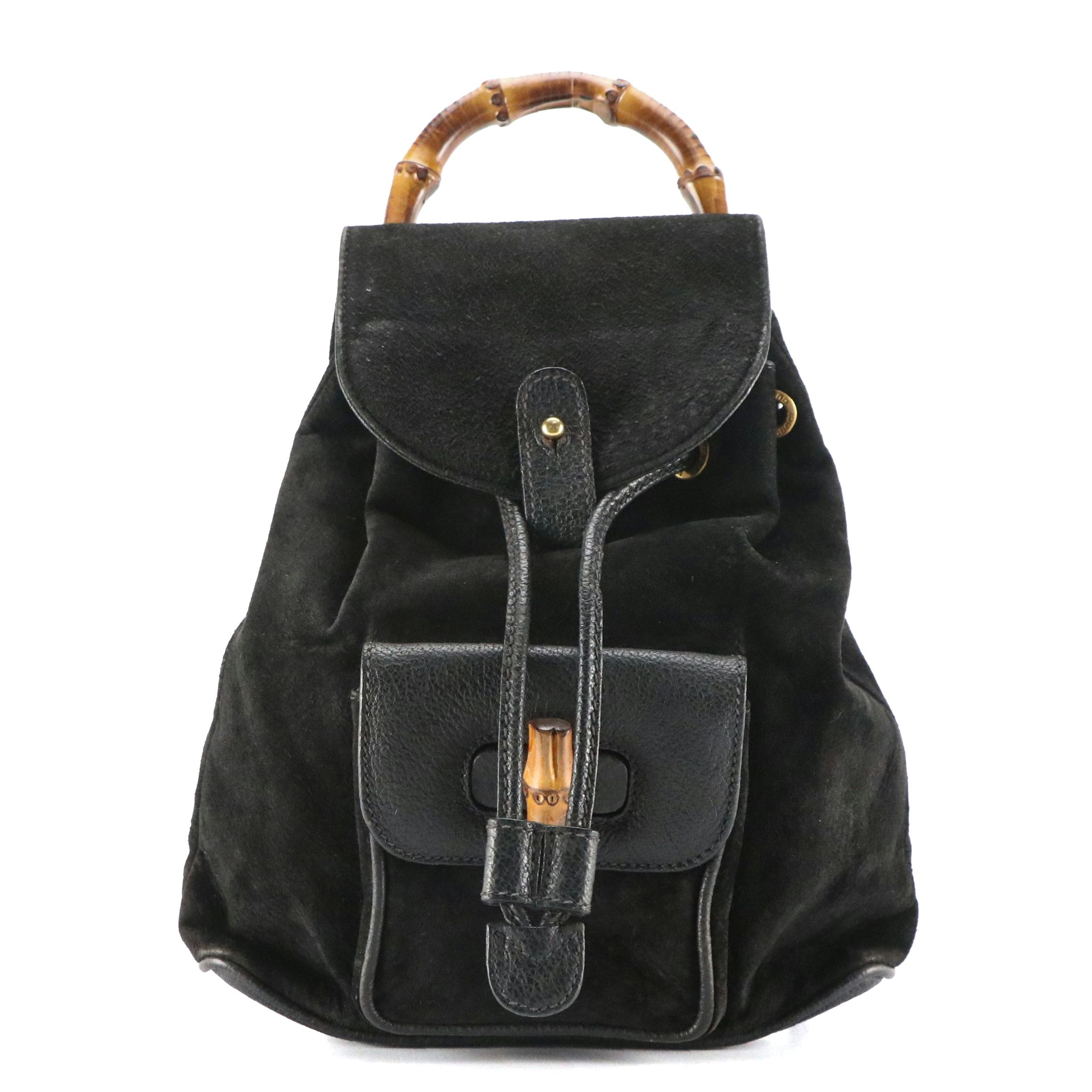 Gucci Small Bamboo Handle Drawstring Backpack in Black Suede and Leather
