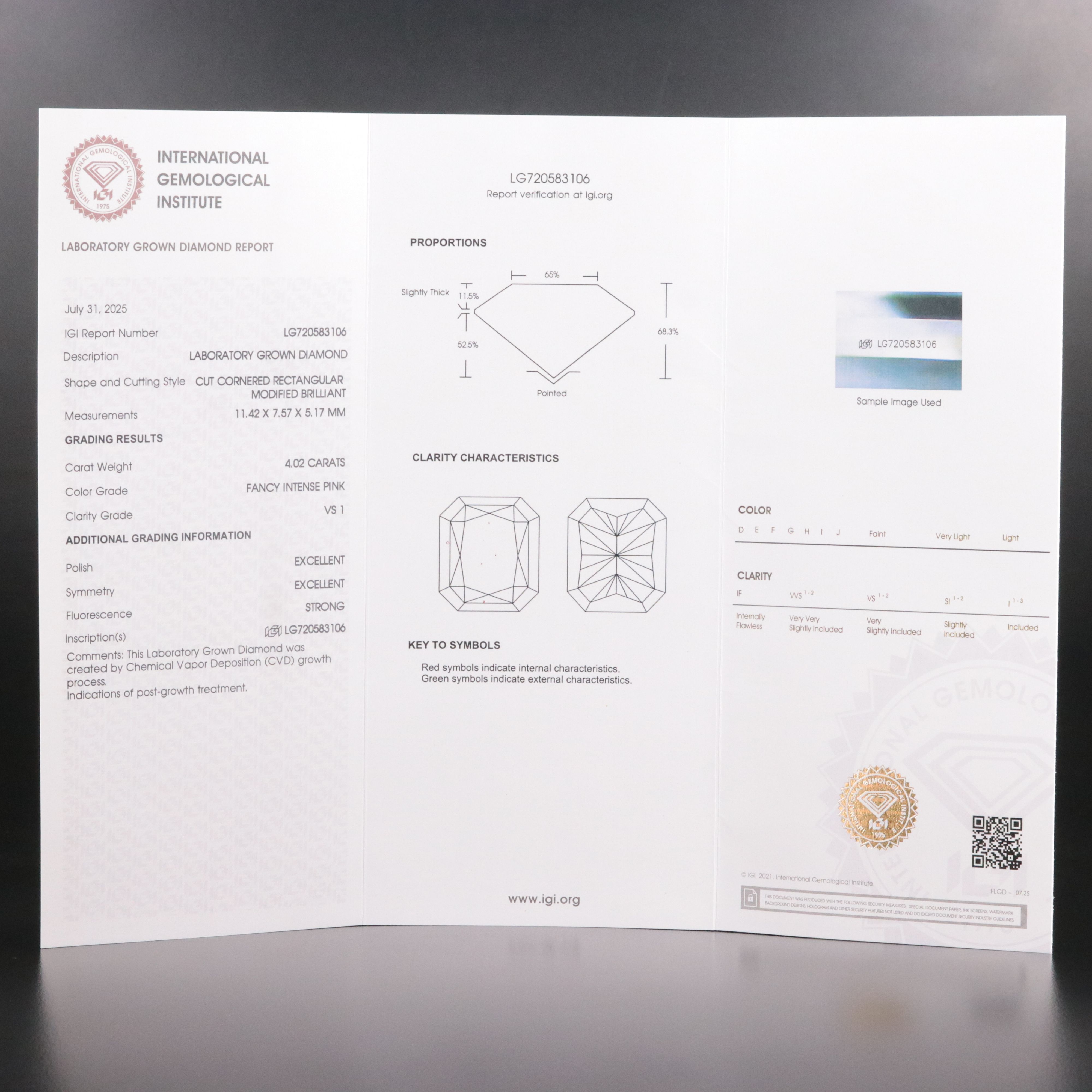 18K 4.51 CTW Lab Grown Diamond Ring with Fancy Intense Pink Center & IGI Report