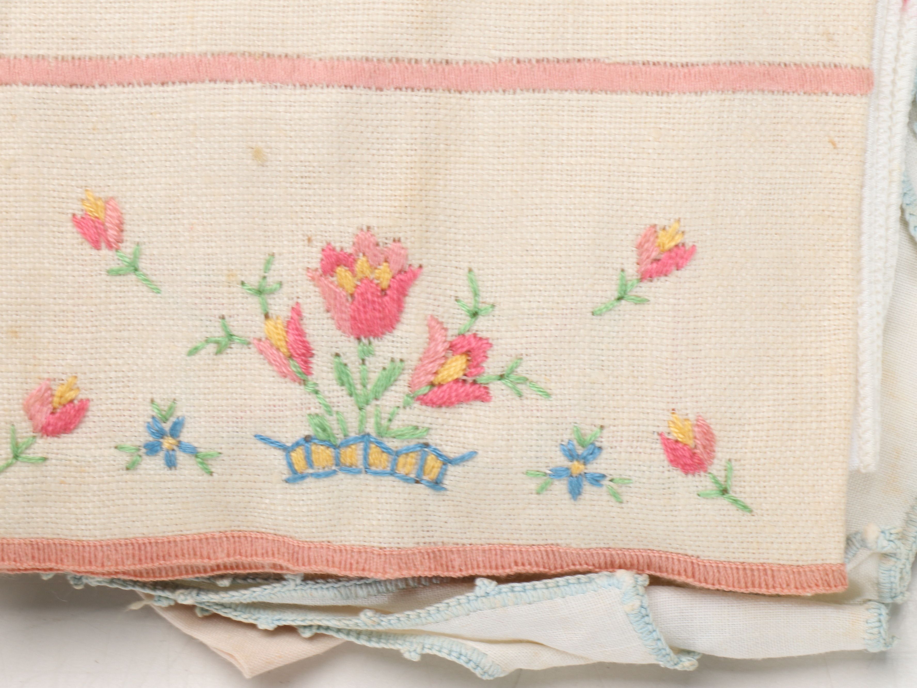 Victory Pure Linen and Hand-Embroidered Textile Lot, Mid-20th Century
