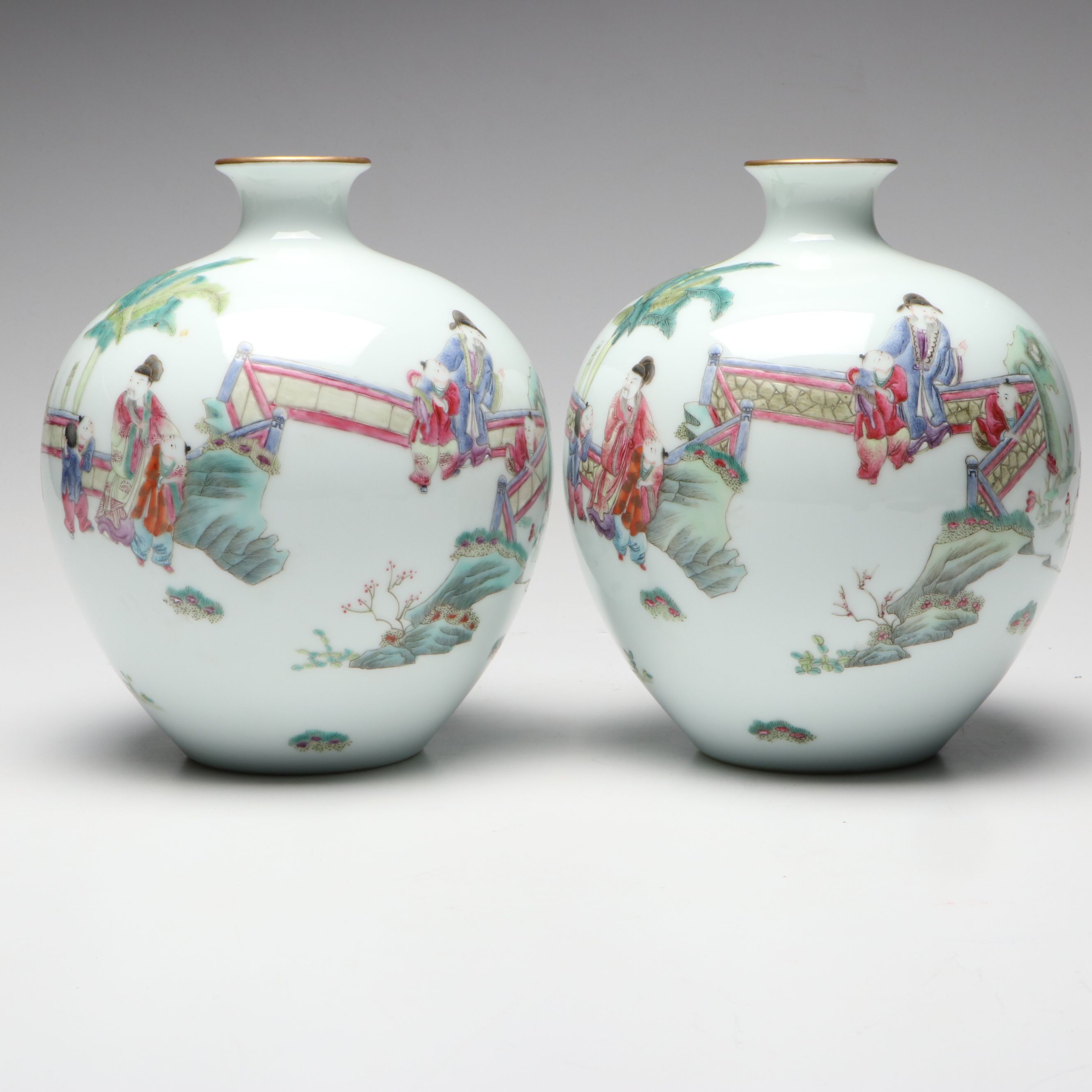 Chinese Famille Rose Garden Scene Porcelain Vases, Pair