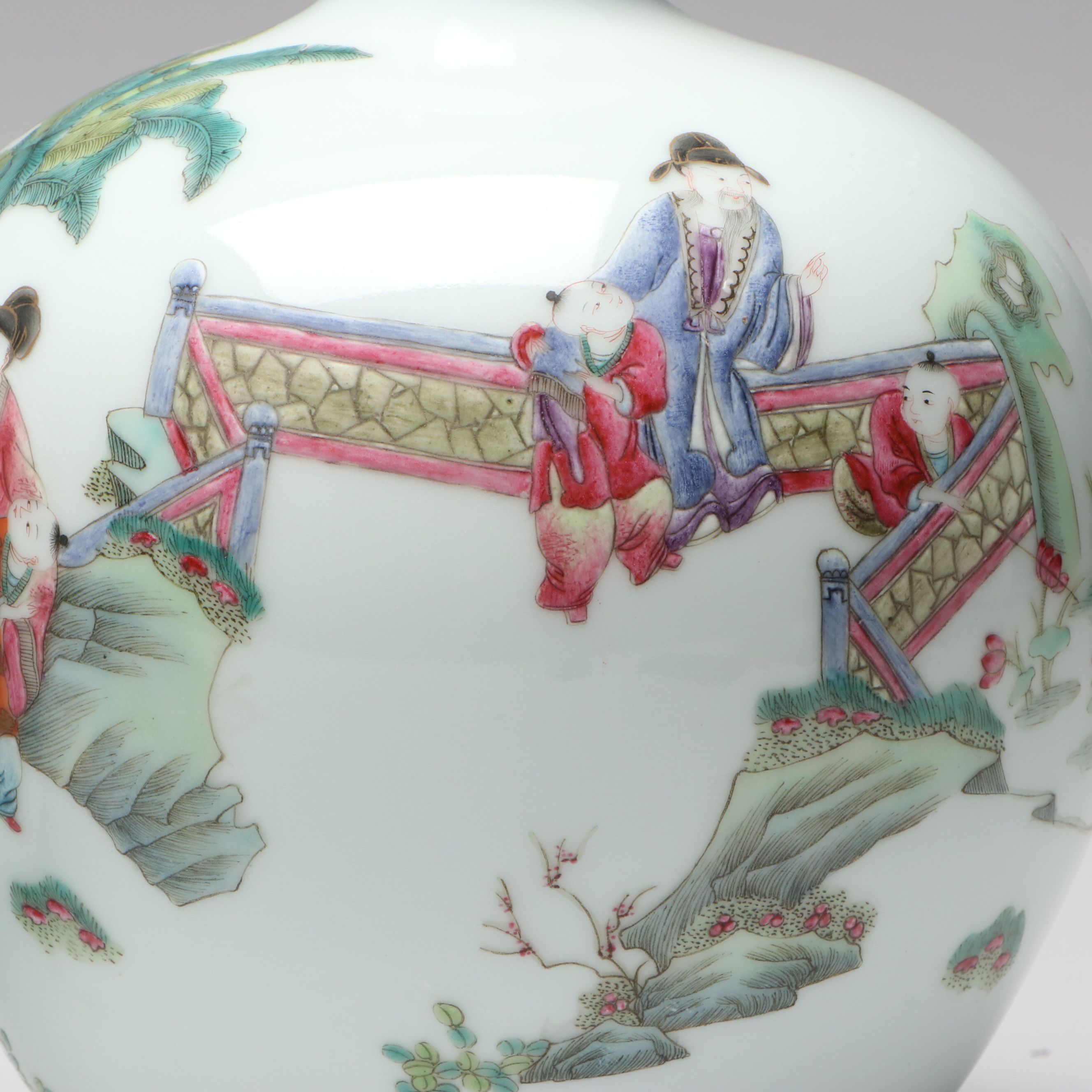 Chinese Famille Rose Garden Scene Porcelain Vases, Pair