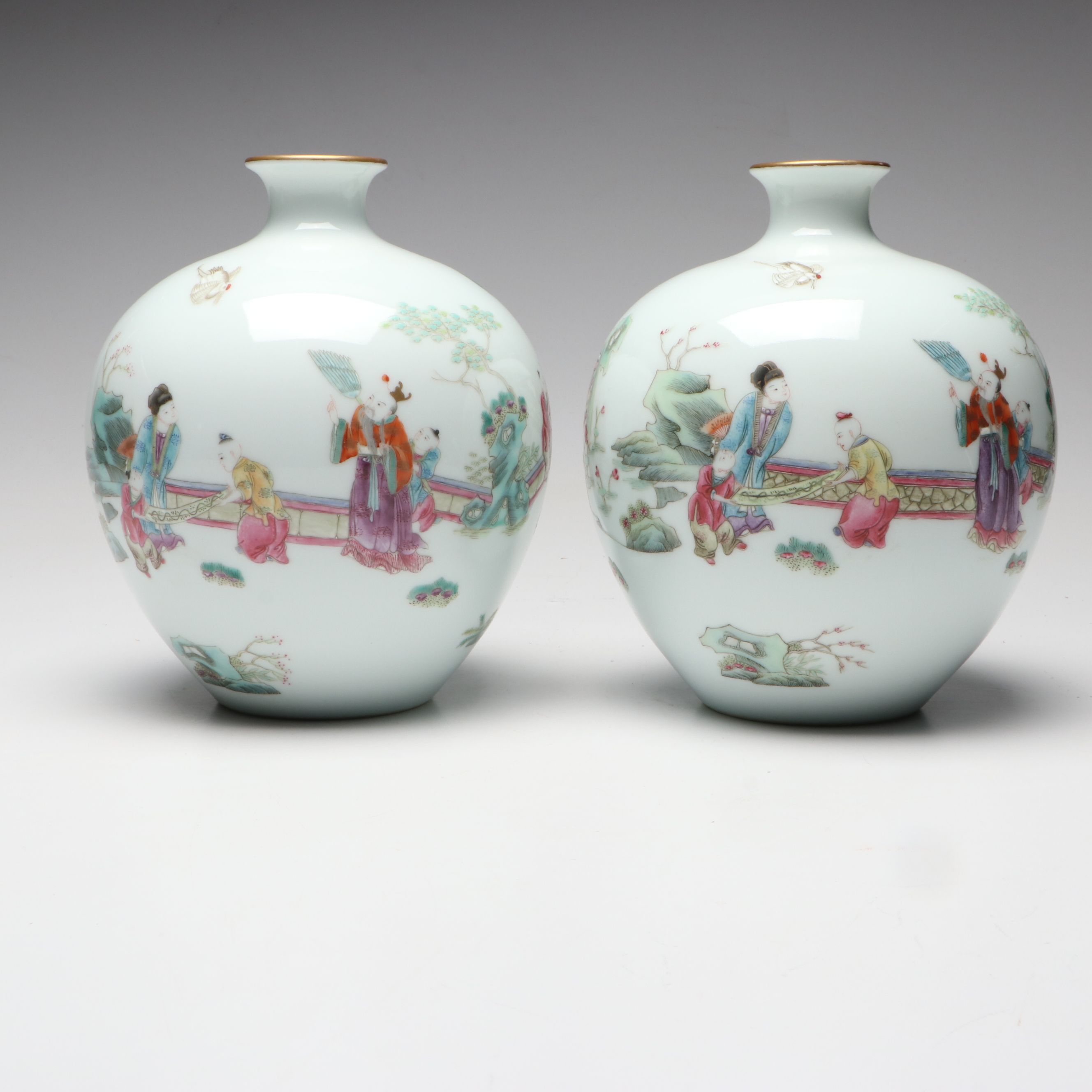 Chinese Famille Rose Garden Scene Porcelain Vases, Pair