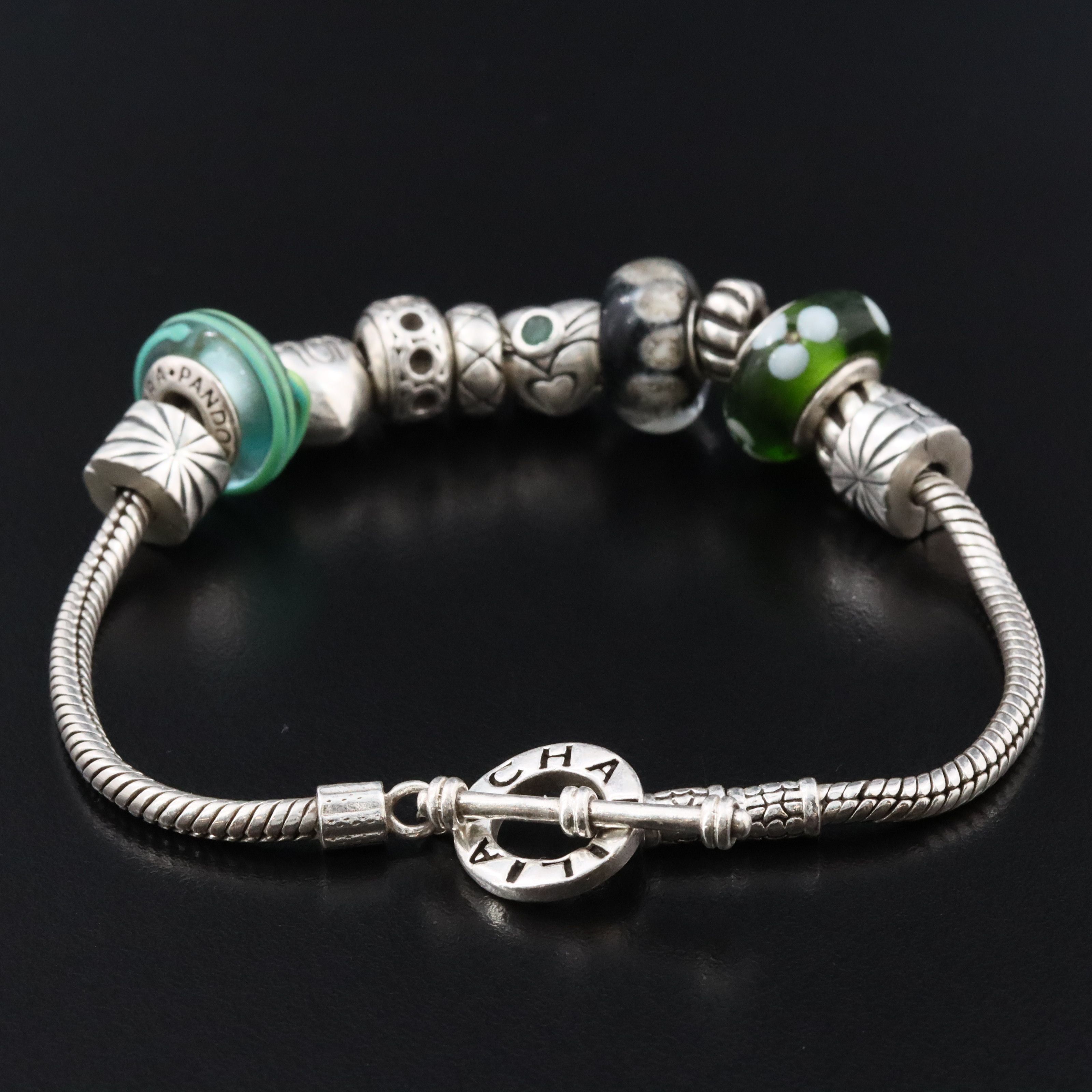 Chamila Sterling Bracelet Featuring Chamila and Pandora Beads with Emerald
