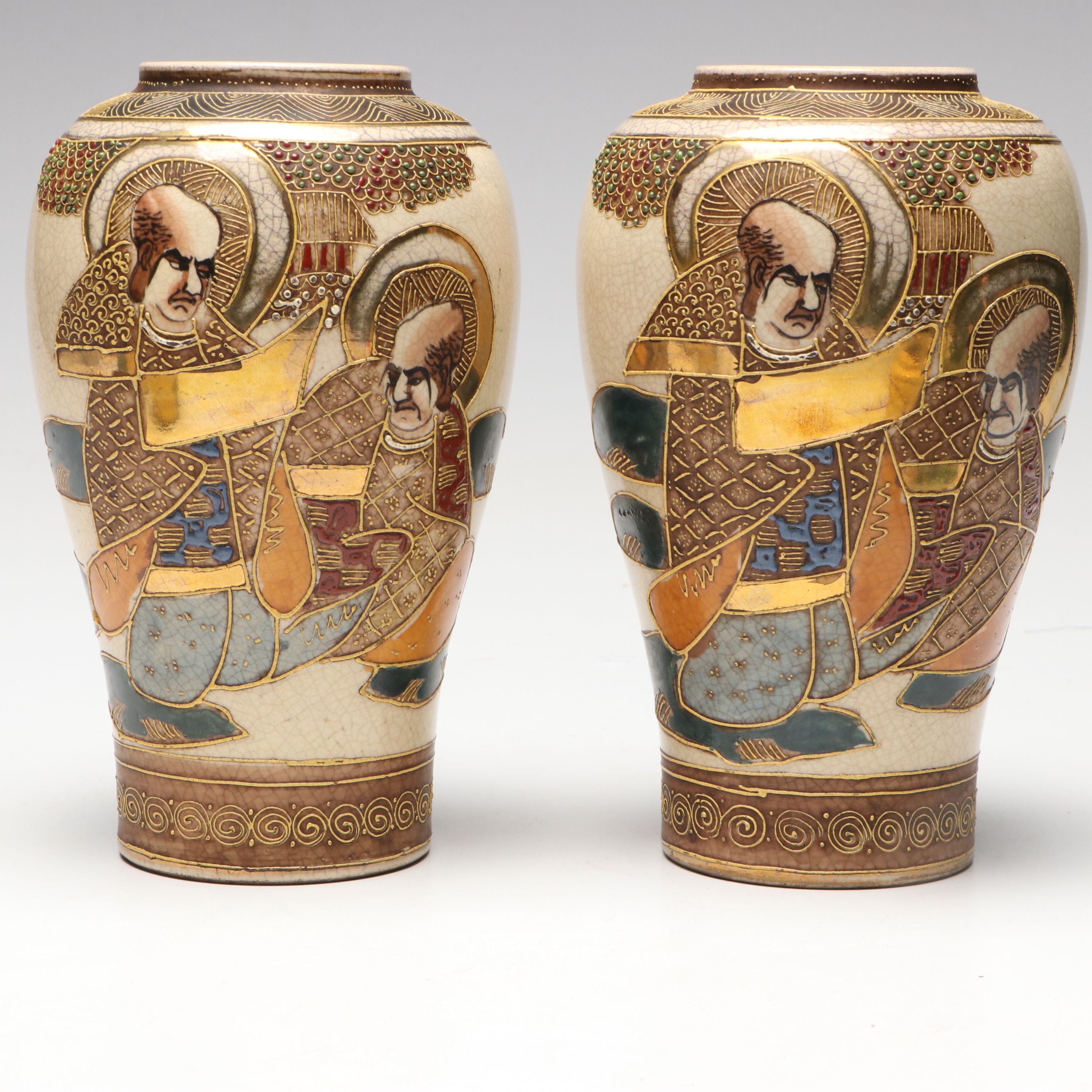 Japanese Satsuma Moriage Porcelain Vases with Other Ceramic and Cloisonné Vases