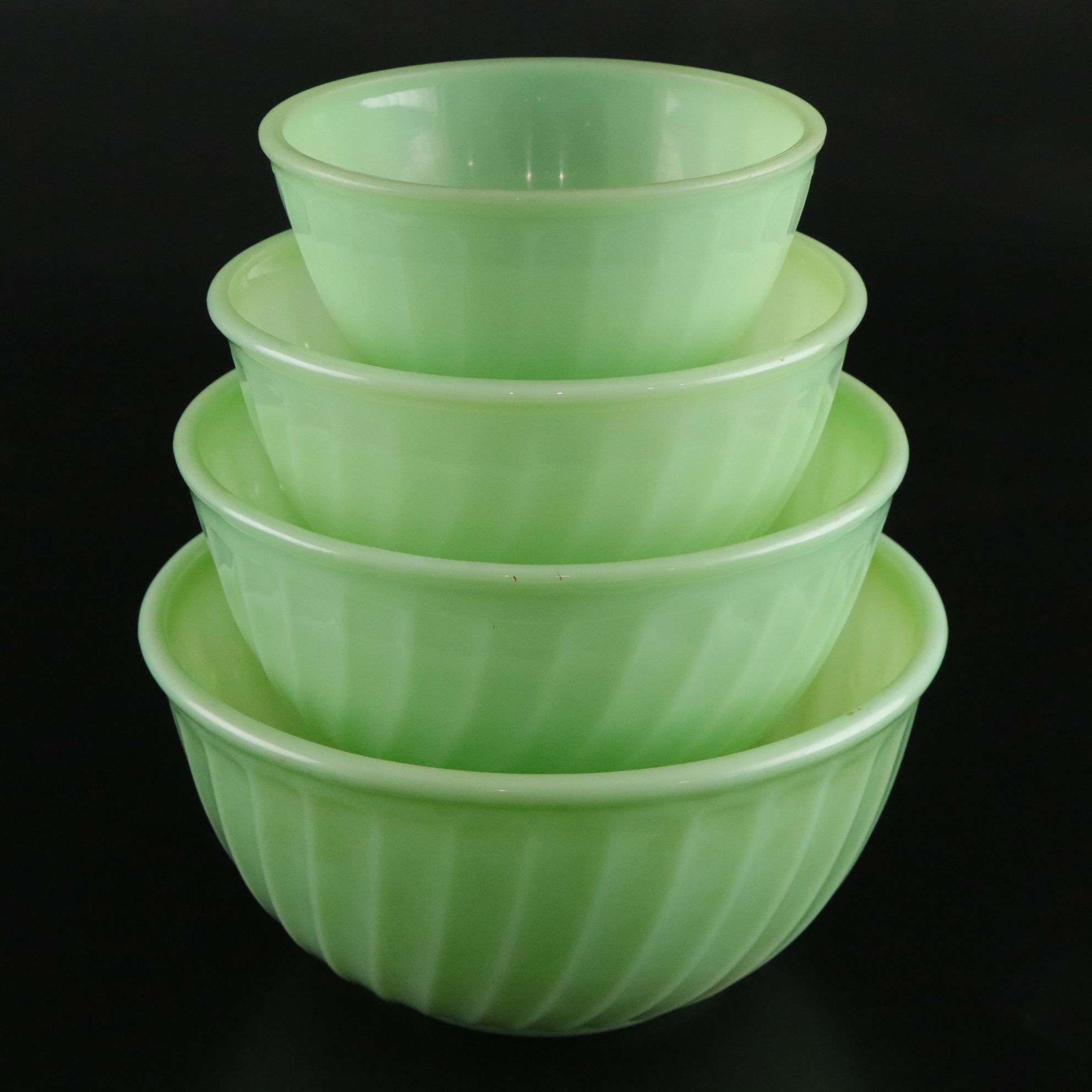 Fire-King "Swirl Jade Ite Shell" Mixing Bowls with Batter Bowl & Pie Plate
