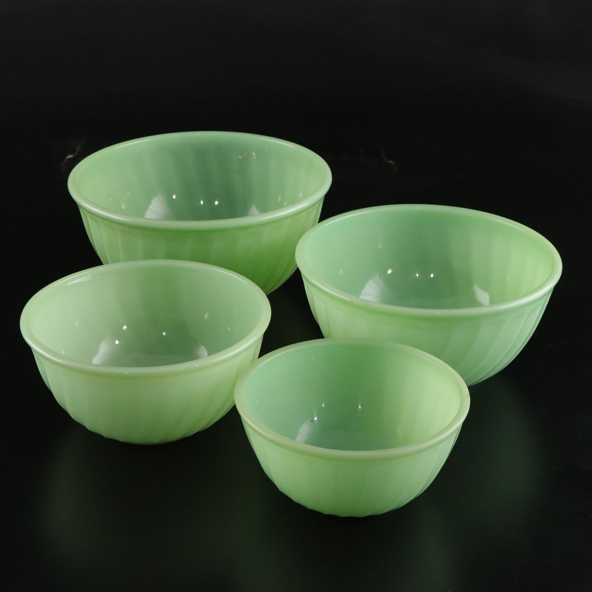 Fire-King "Swirl Jade Ite Shell" Mixing Bowls with Batter Bowl & Pie Plate