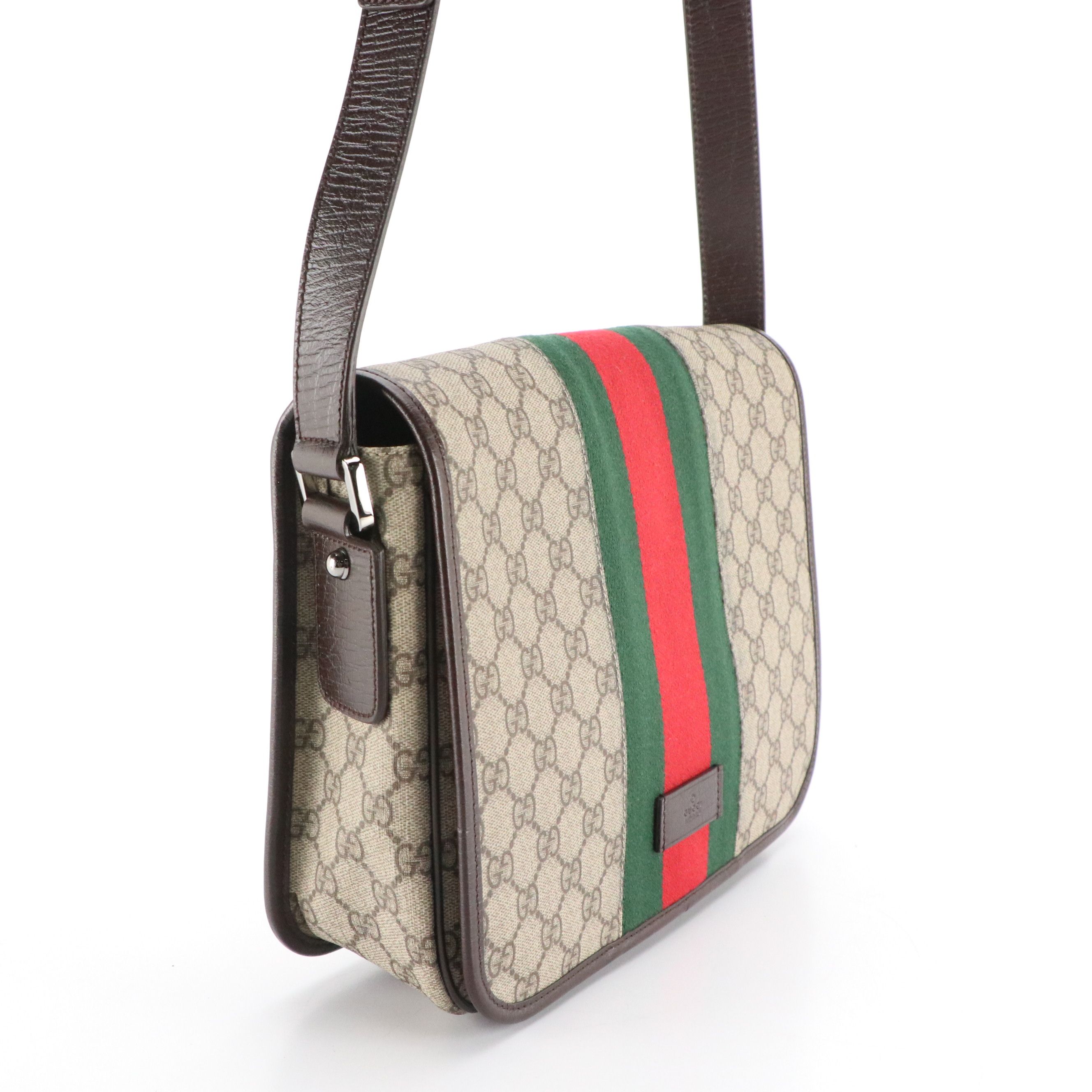 Gucci Messenger Crossbody Bag in GG Supreme Canvas, Web Stripe & Leather