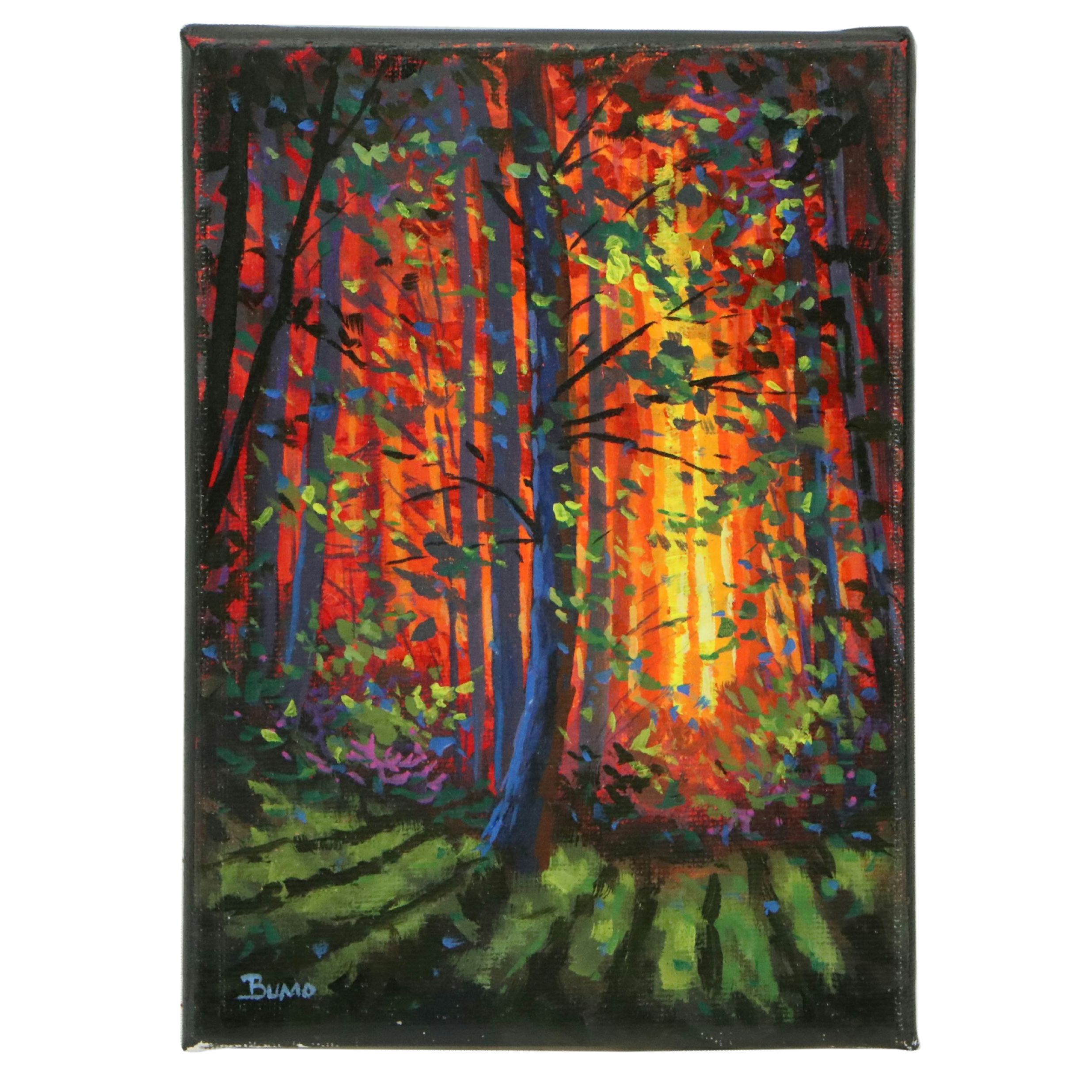 Doug "Bumo" Johnpeer Acrylic Painting of Forest at Sunset, 2024