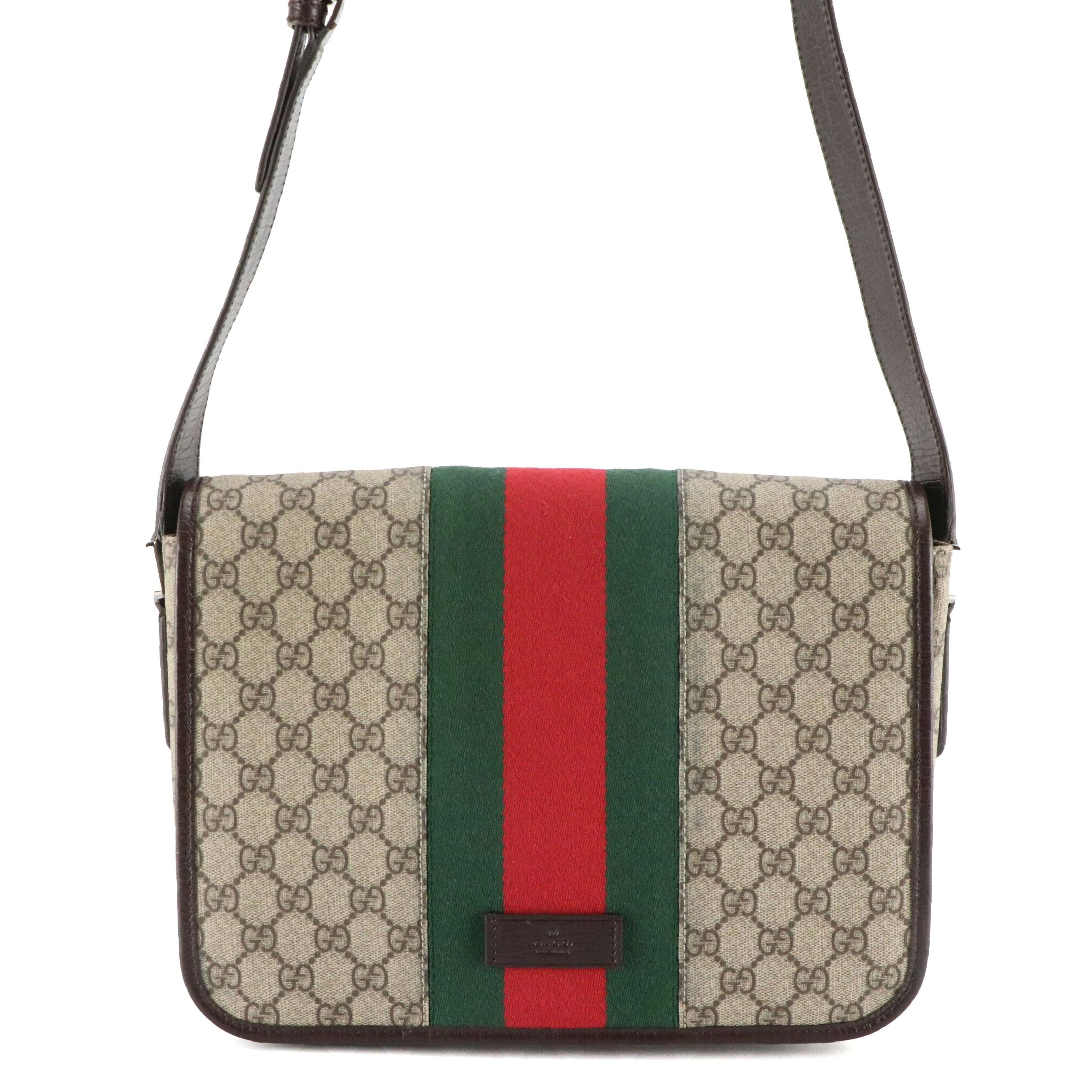 Gucci Messenger Crossbody Bag in GG Supreme Canvas, Web Stripe & Leather