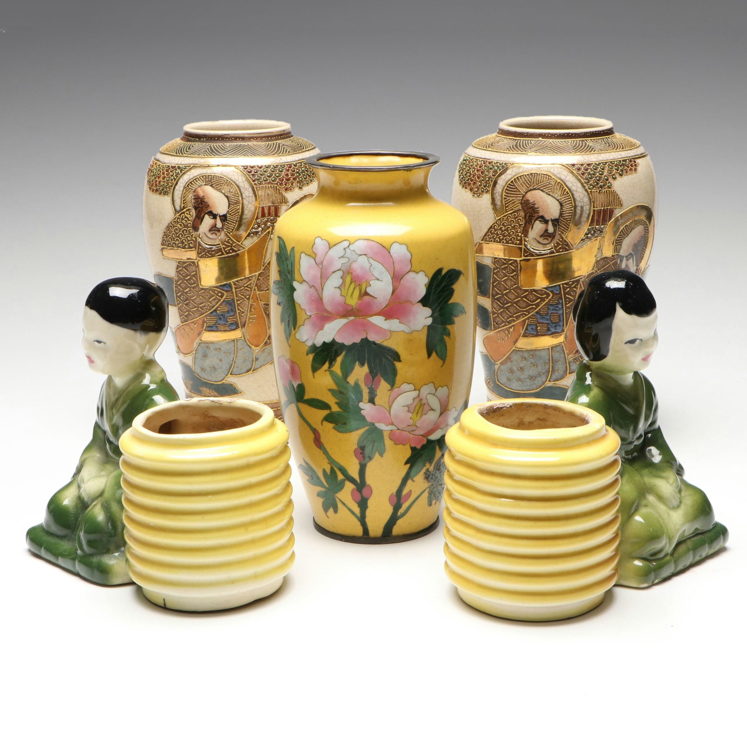 Japanese Satsuma Moriage Porcelain Vases with Other Ceramic and Cloisonné Vases